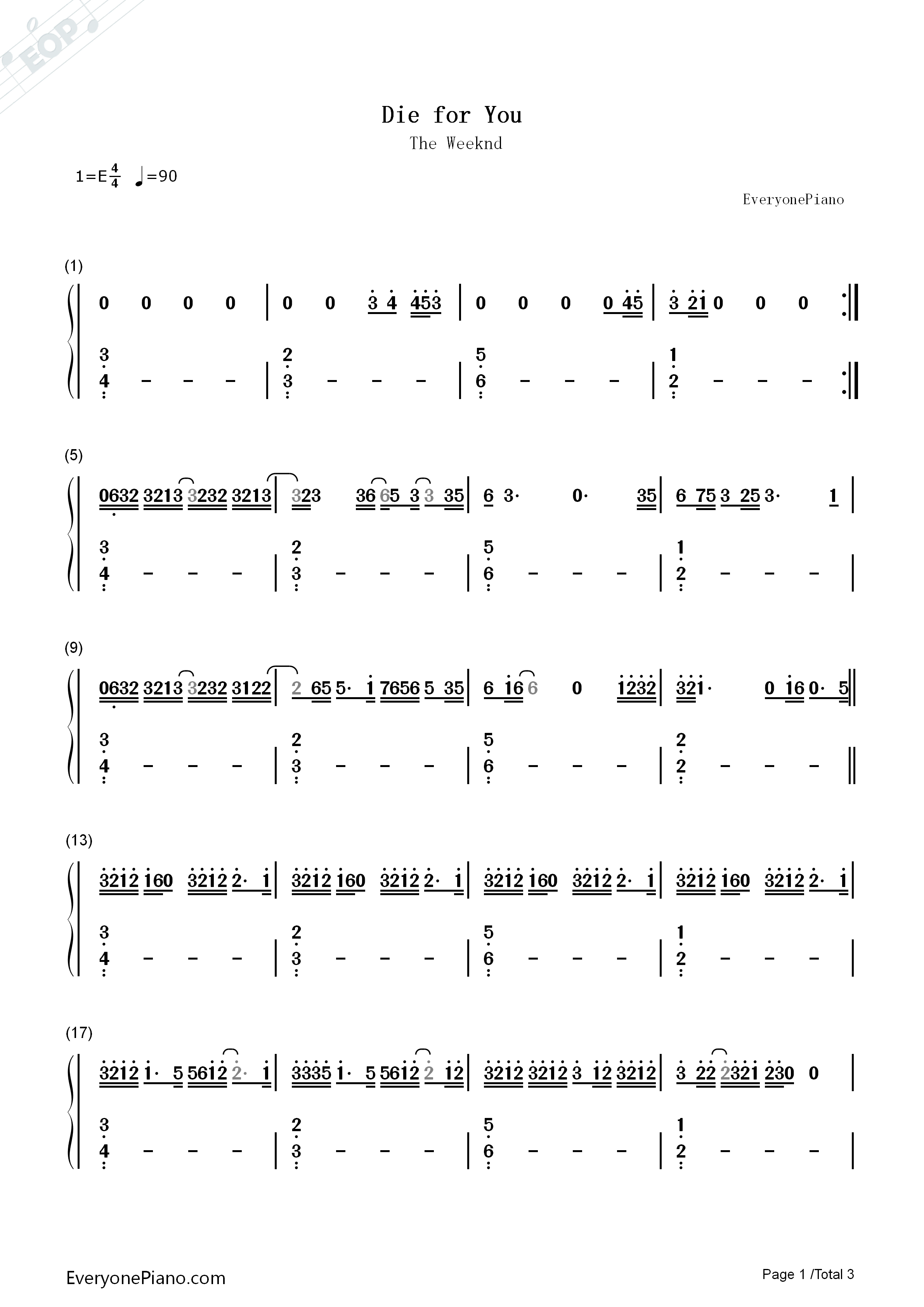 Die_for_You钢琴简谱_The_Weeknd演唱
