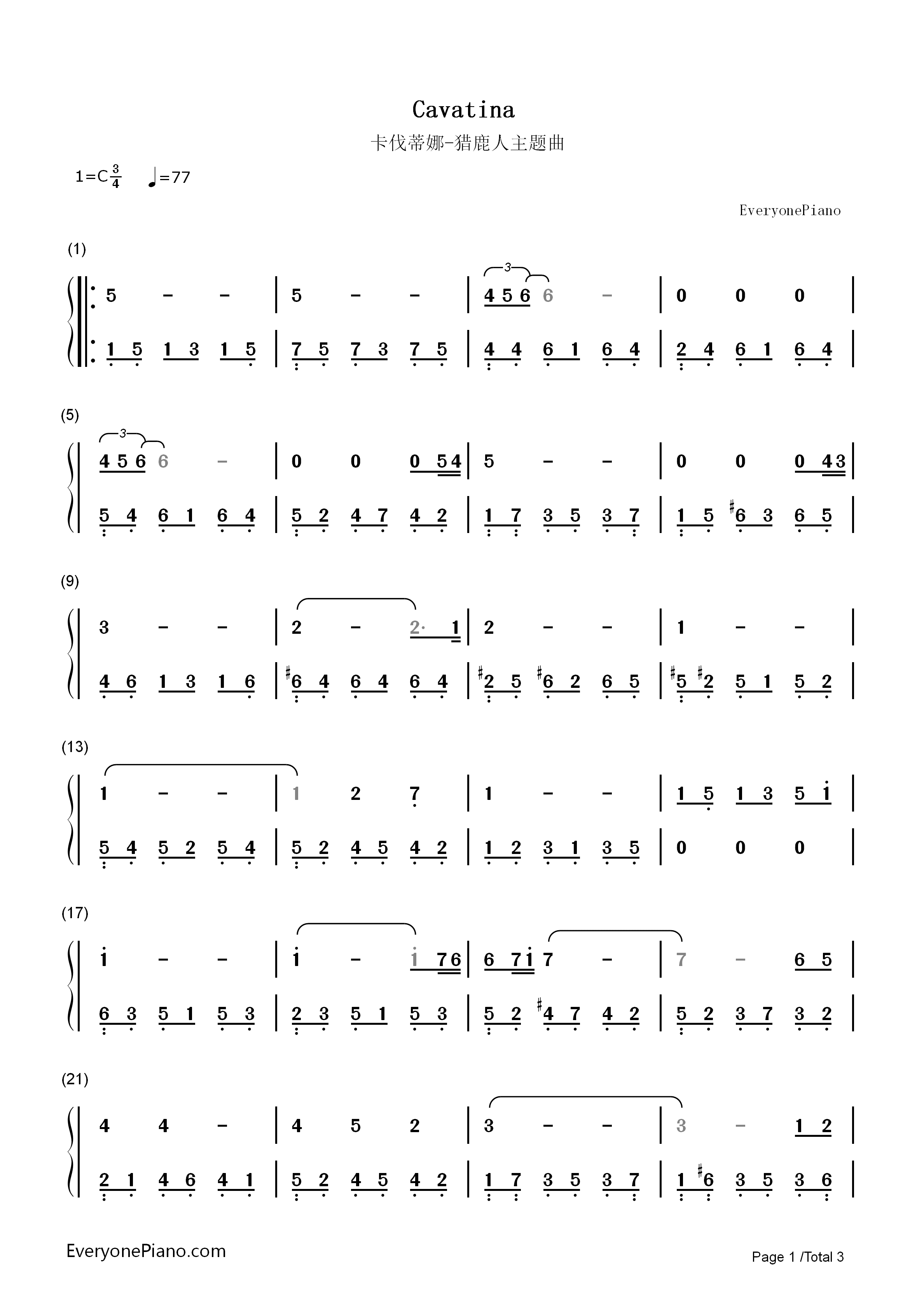 Cavatina钢琴简谱_Stanley_Myers演唱