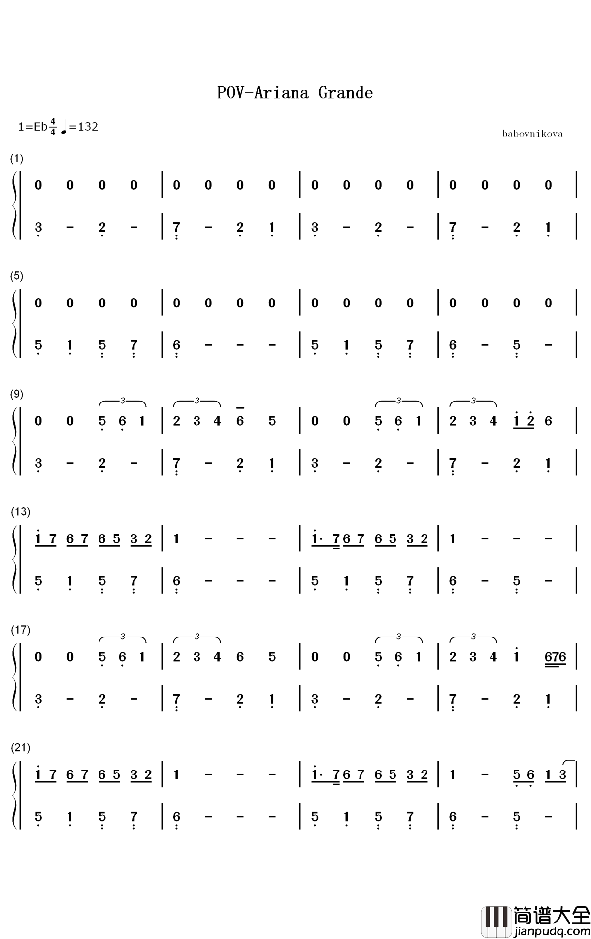 POV钢琴简谱_数字双手_Ariana_Grande