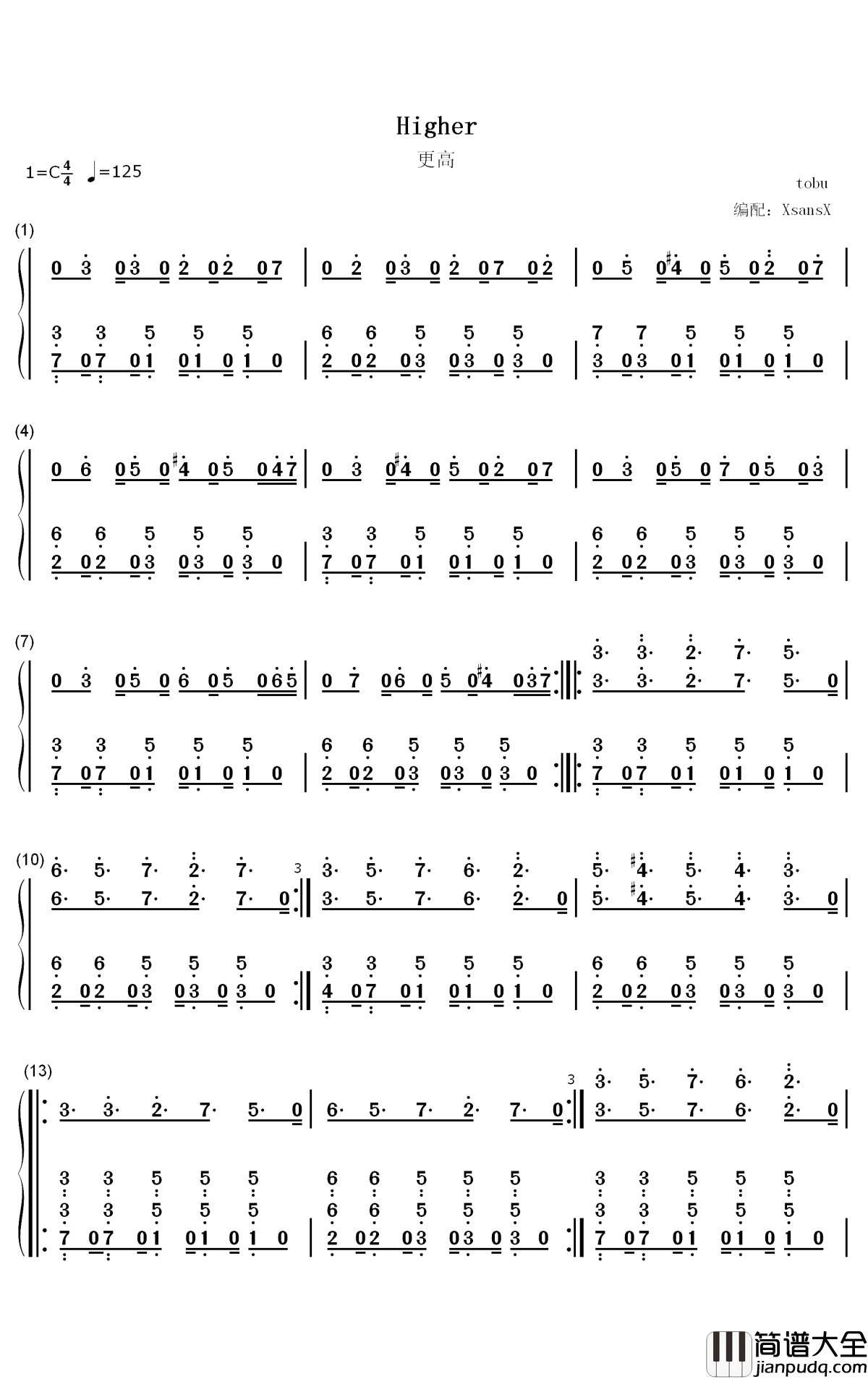 Higher钢琴简谱_数字双手_Tobu