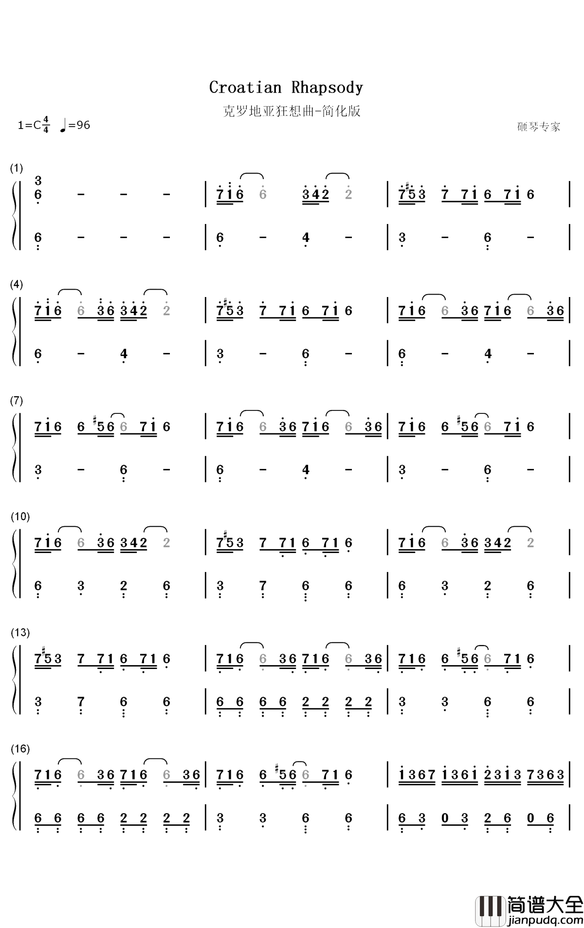 克罗地亚狂想曲钢琴简谱_数字双手_马克西姆·姆尔维察