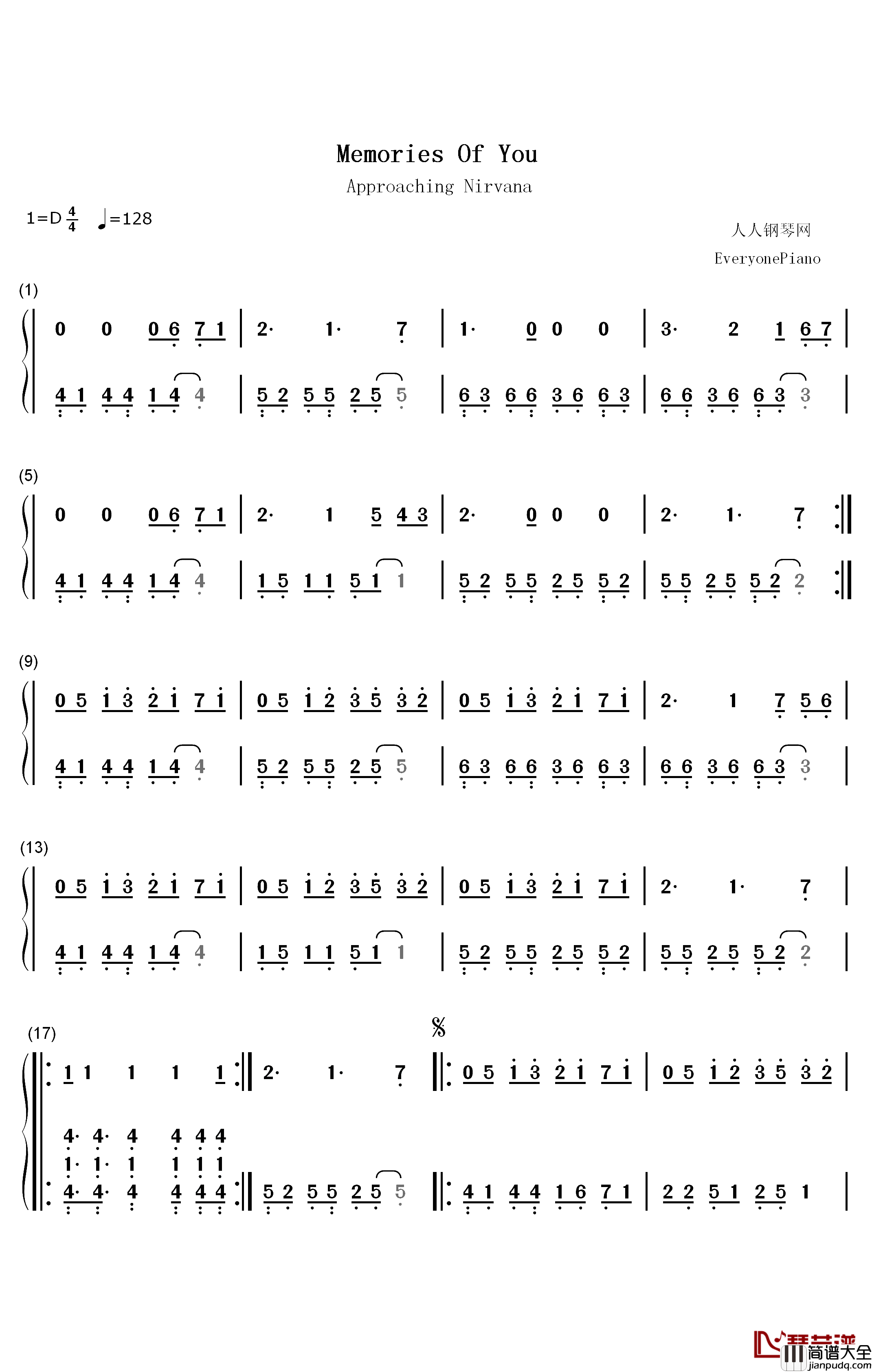 Memories_Of_You钢琴简谱_数字双手_Approaching_Nirvana