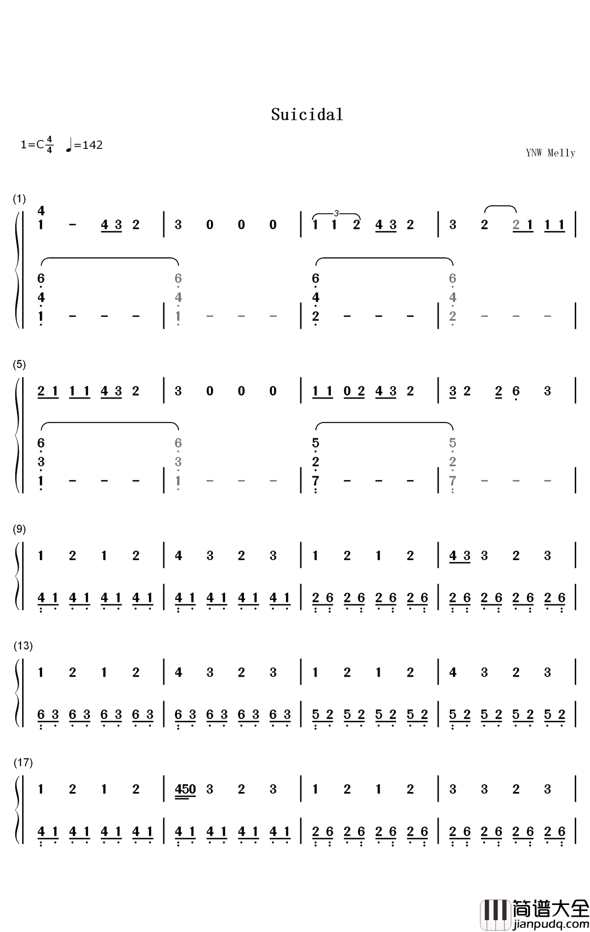 Suicidal钢琴简谱_数字双手_YNW_Melly