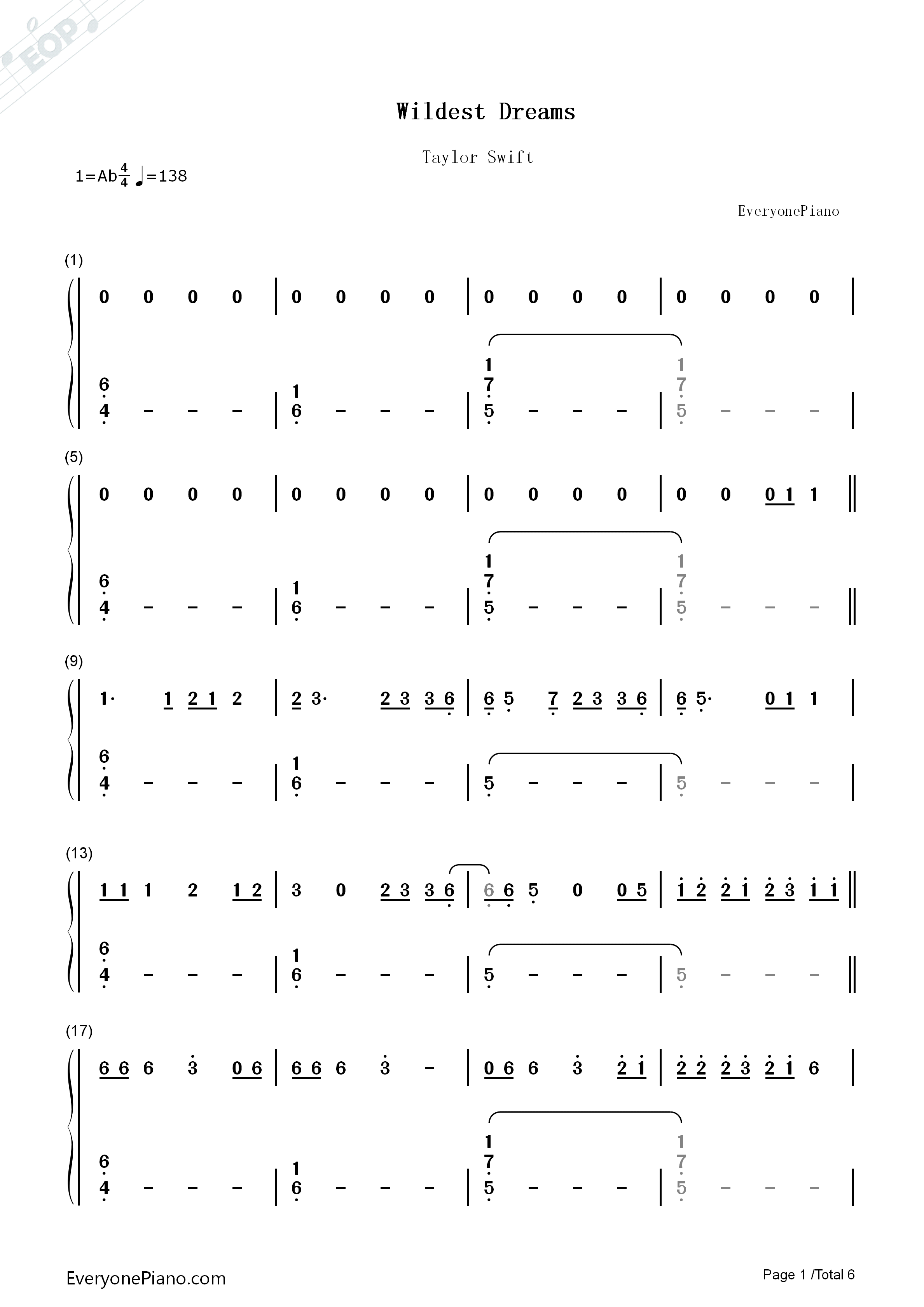 Wildest_Dreams钢琴简谱_Taylor_Swift演唱