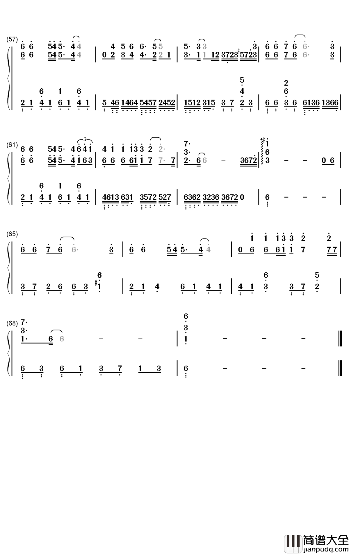 我等到花儿也谢了钢琴简谱_张学友歌曲_数字双手曲谱