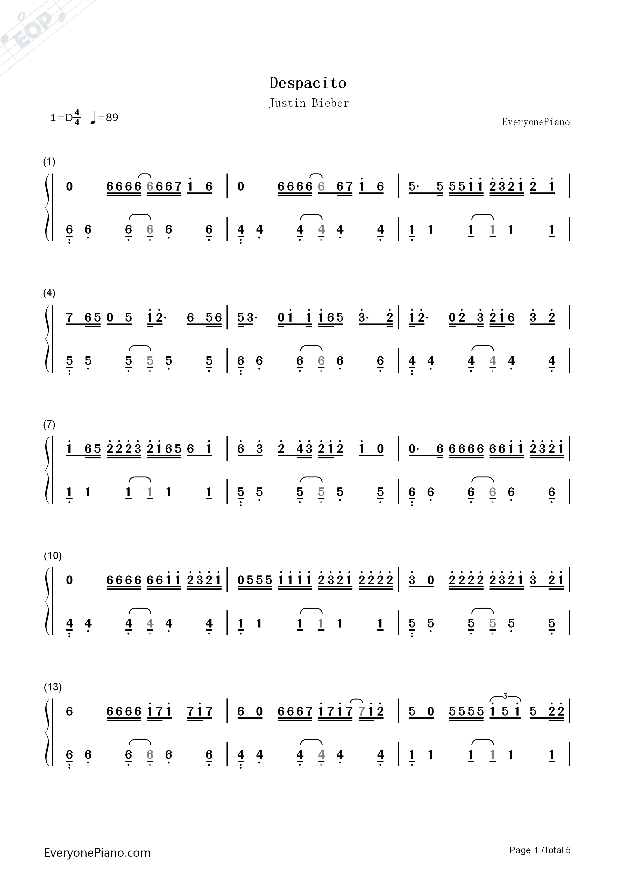 Despacito钢琴简谱_Justin_Bieber演唱