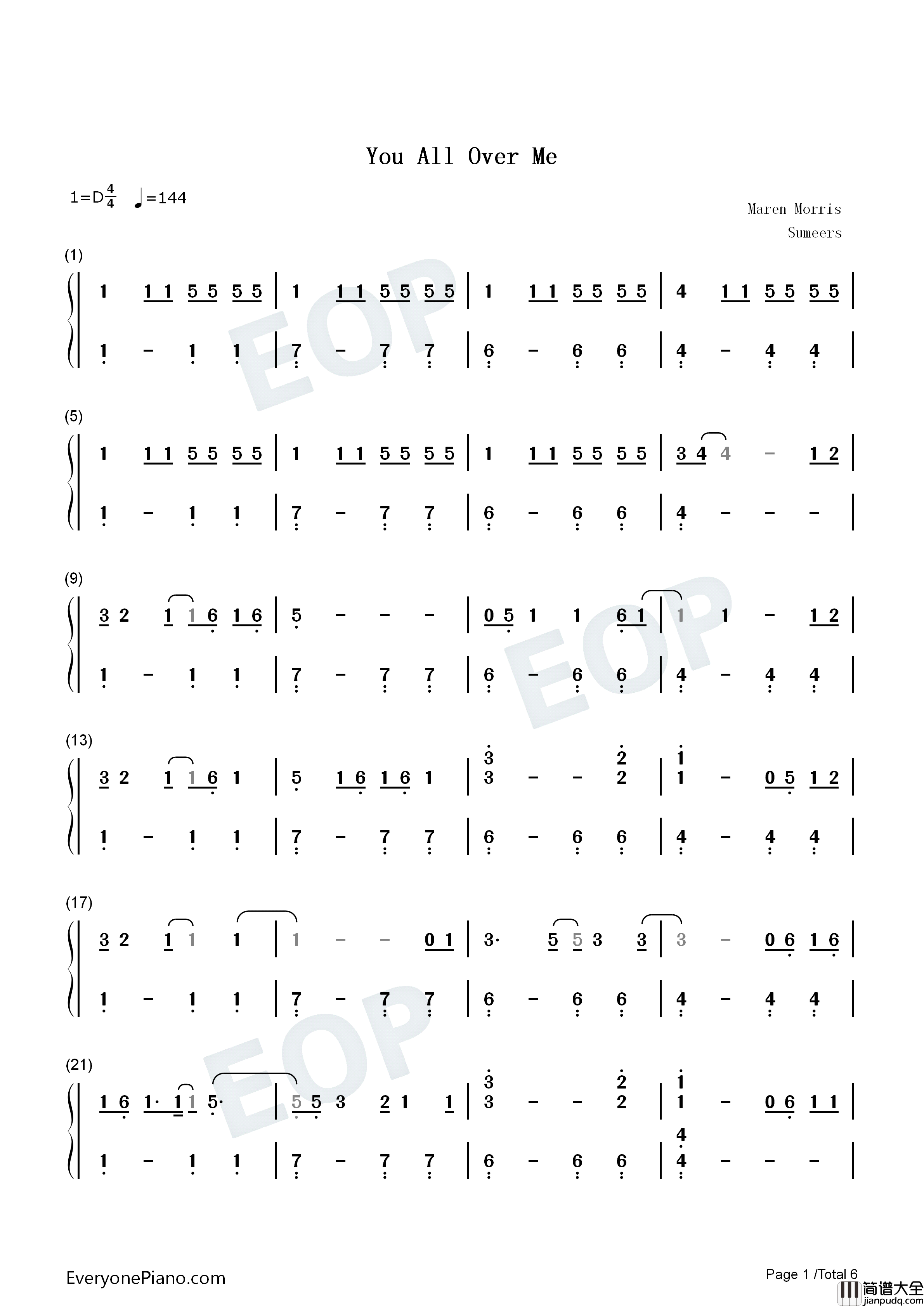 You_All_Over_Me钢琴简谱_Taylor_Swift_Maren_Morris演唱