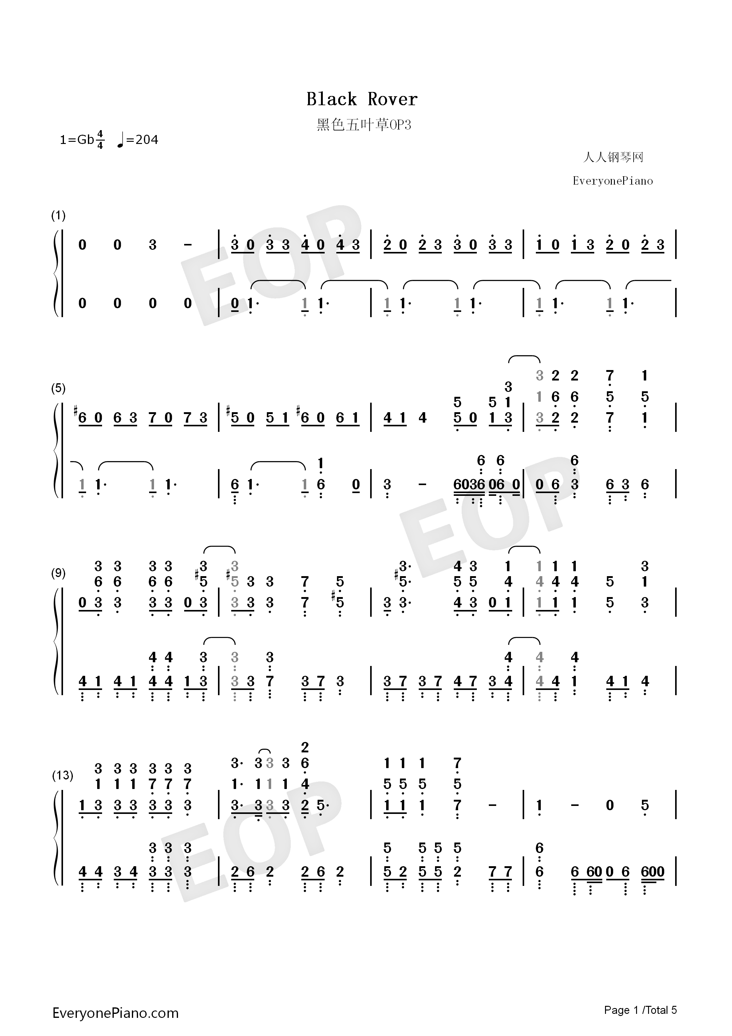Black_Rover钢琴简谱_Bickeblanka演唱