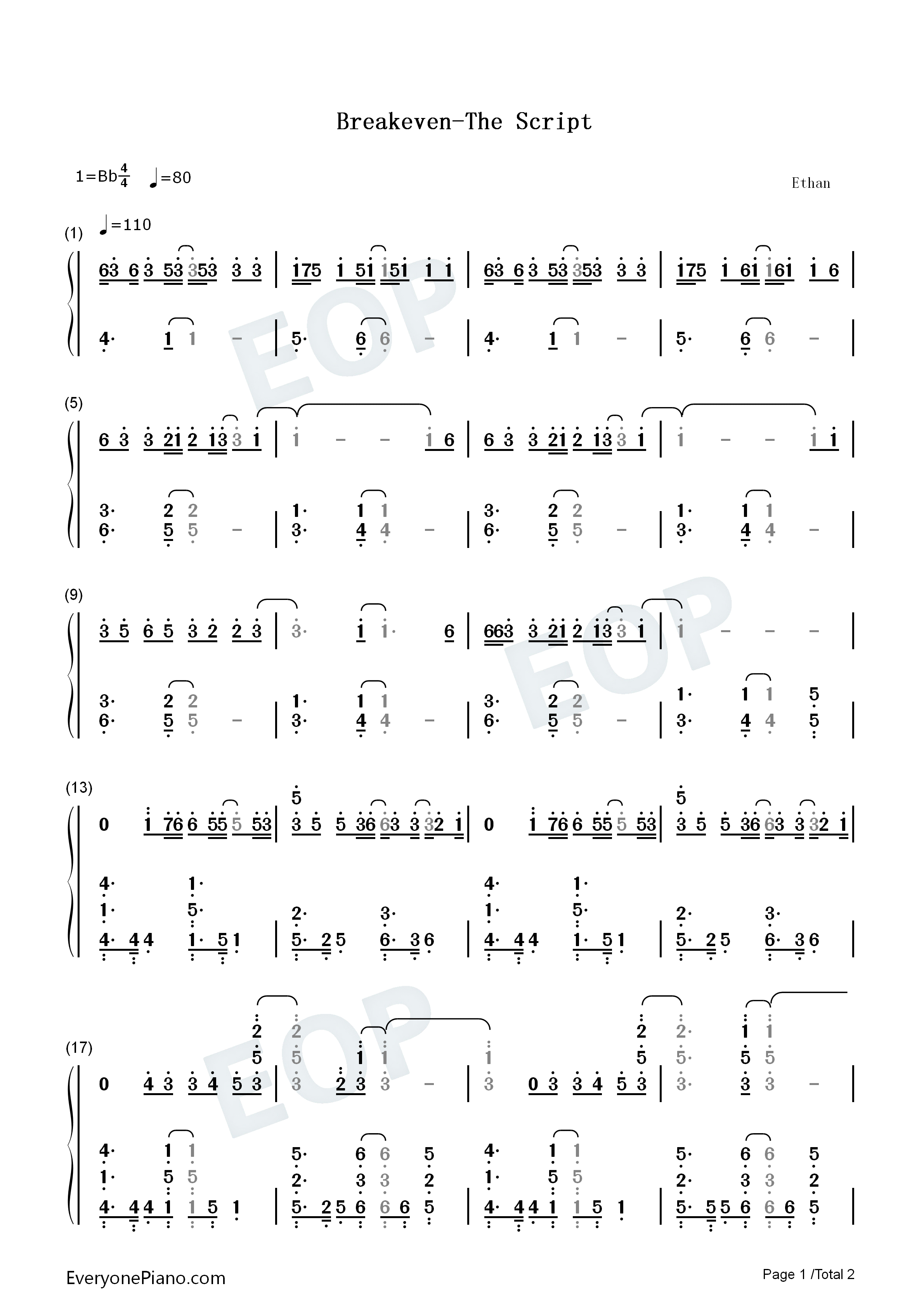 Breakeven钢琴简谱_The_Script演唱