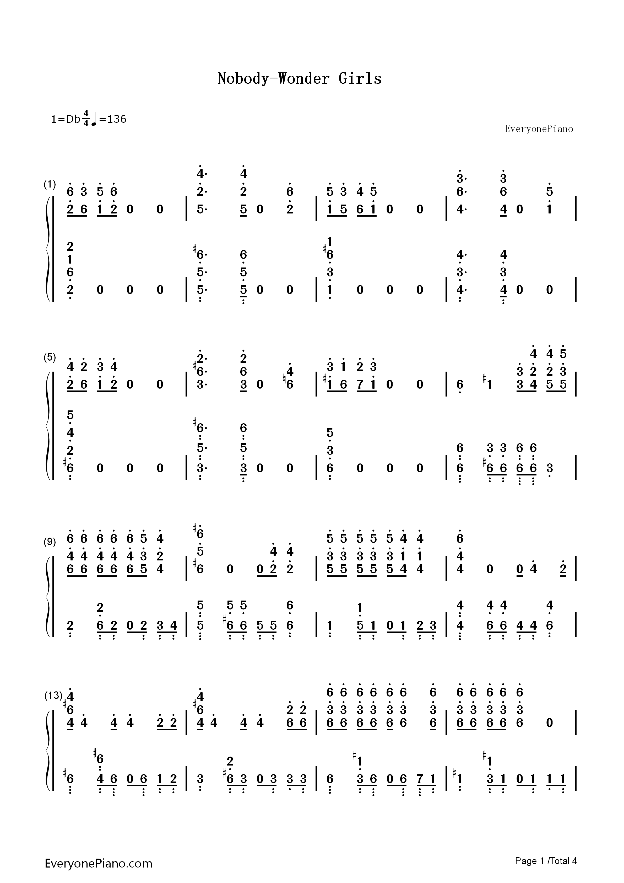 Nobody_钢琴简谱_Wonder_Girls演唱