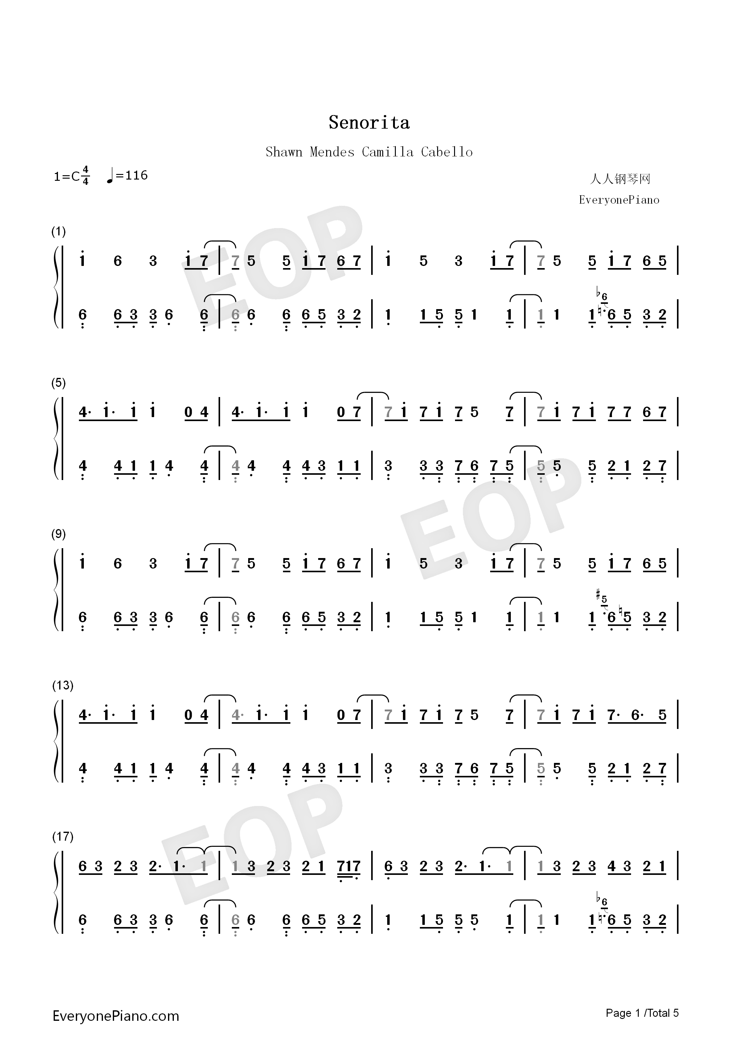 Señorita钢琴简谱_Shawn_Mendes_Camila_Cabello演唱
