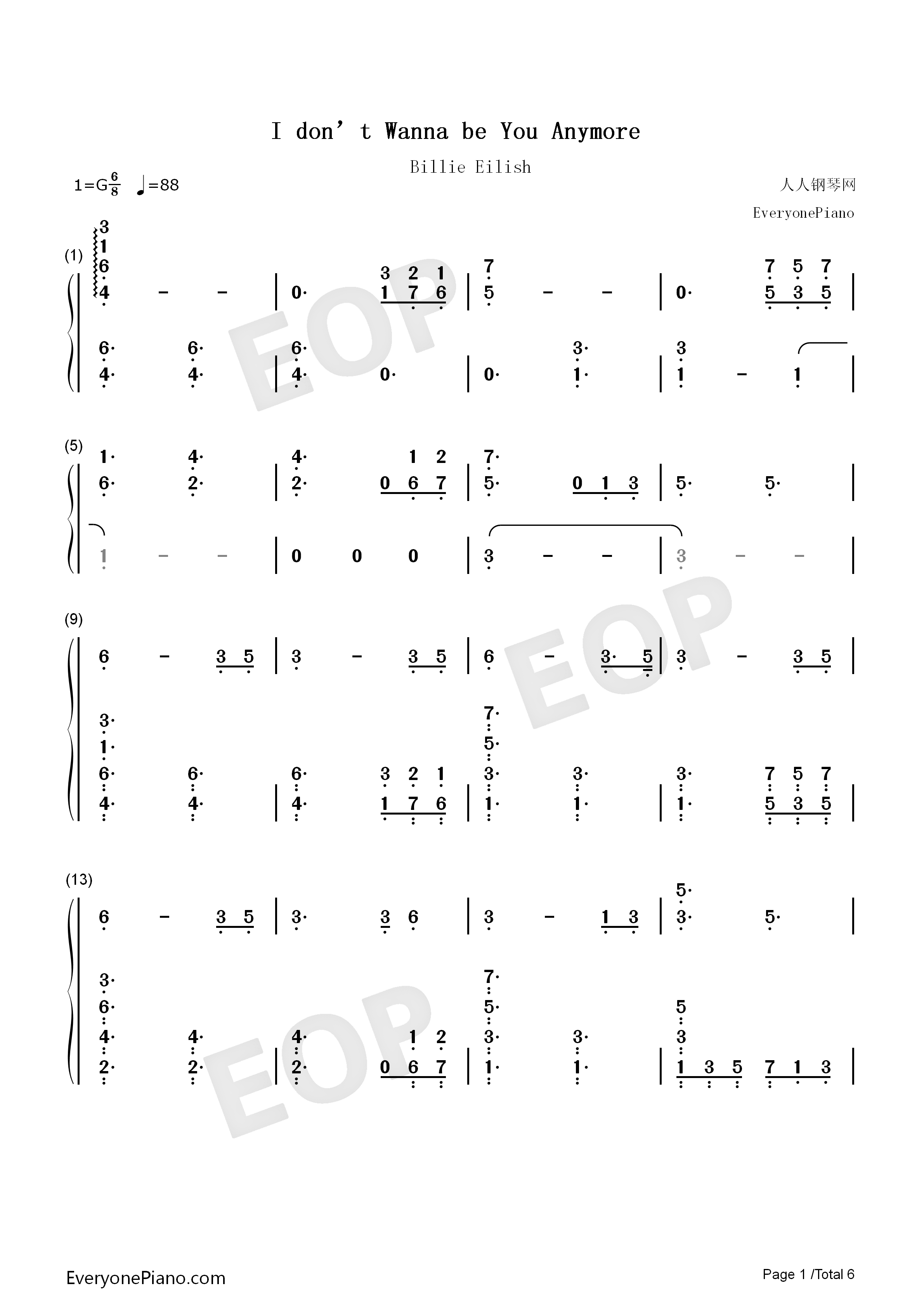 Idontwannabeyouanymore钢琴简谱_Billie_Eilish演唱