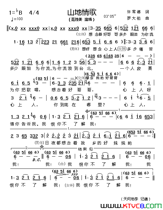 山地情歌简谱_高胜美演唱_许常德/罗大佑词曲