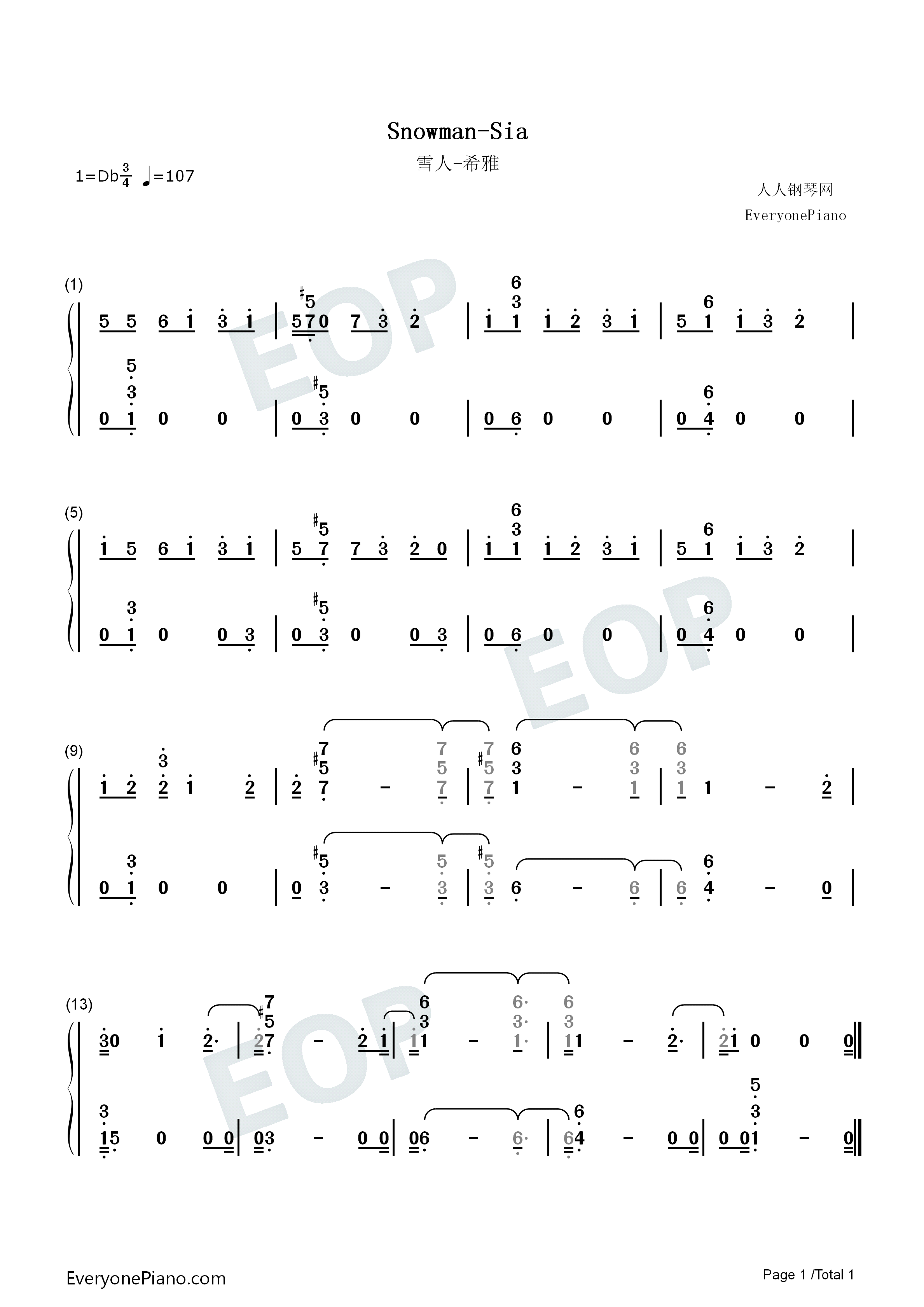 Snowman钢琴简谱_Sia演唱