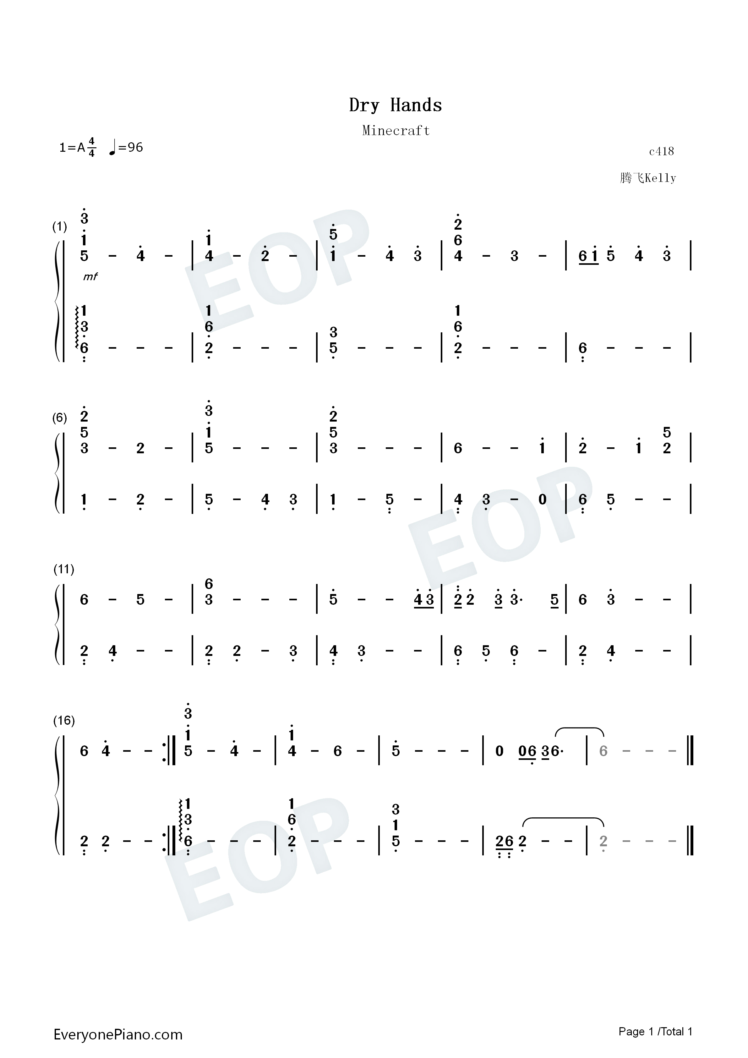Dry_Hands钢琴简谱_C418演唱