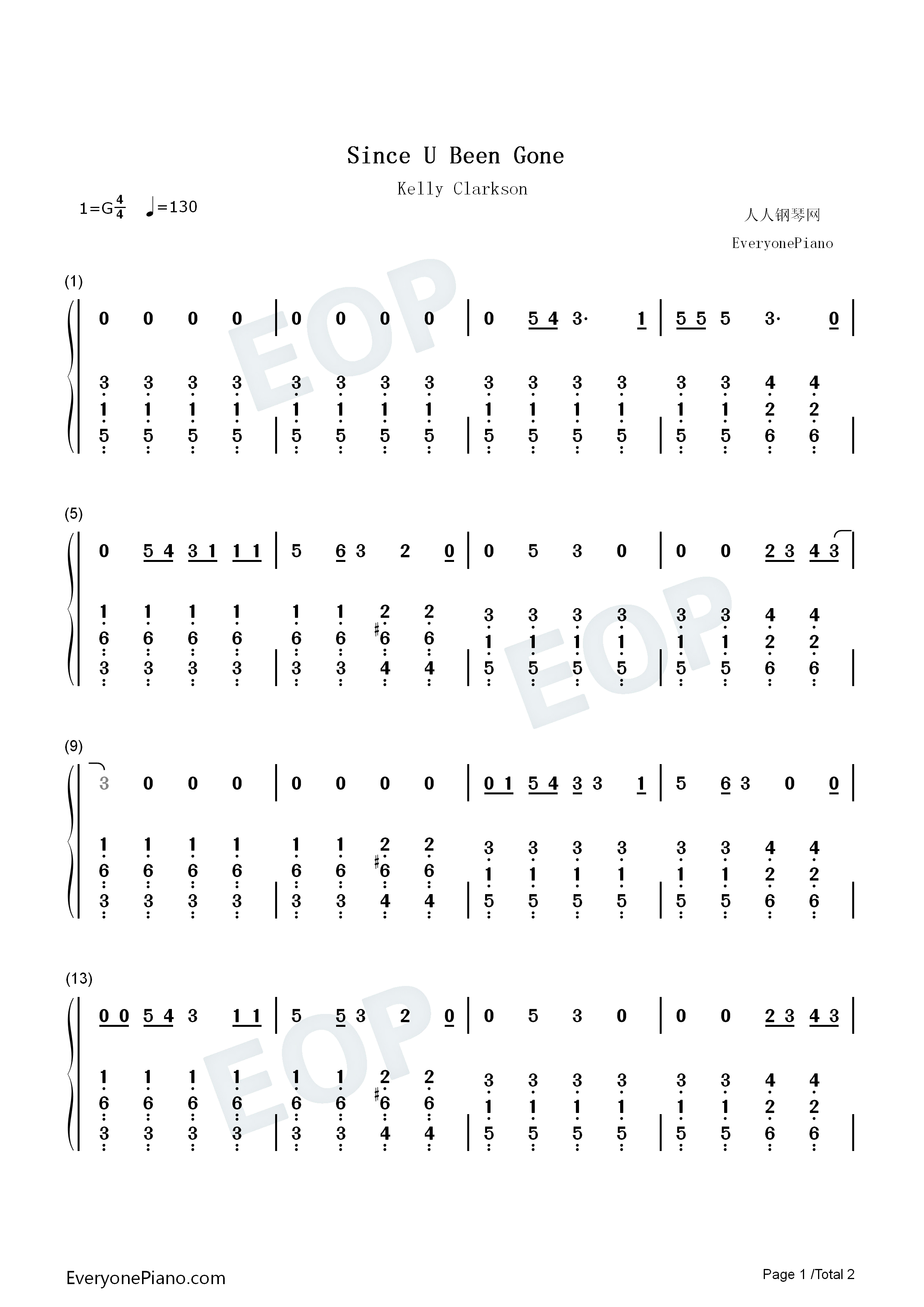 Since_U_Been_Gone钢琴简谱_Kelly_Clarkson演唱