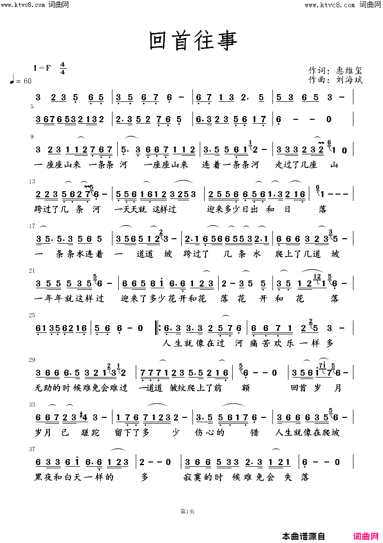 回首往事简谱_刘海斌曲谱