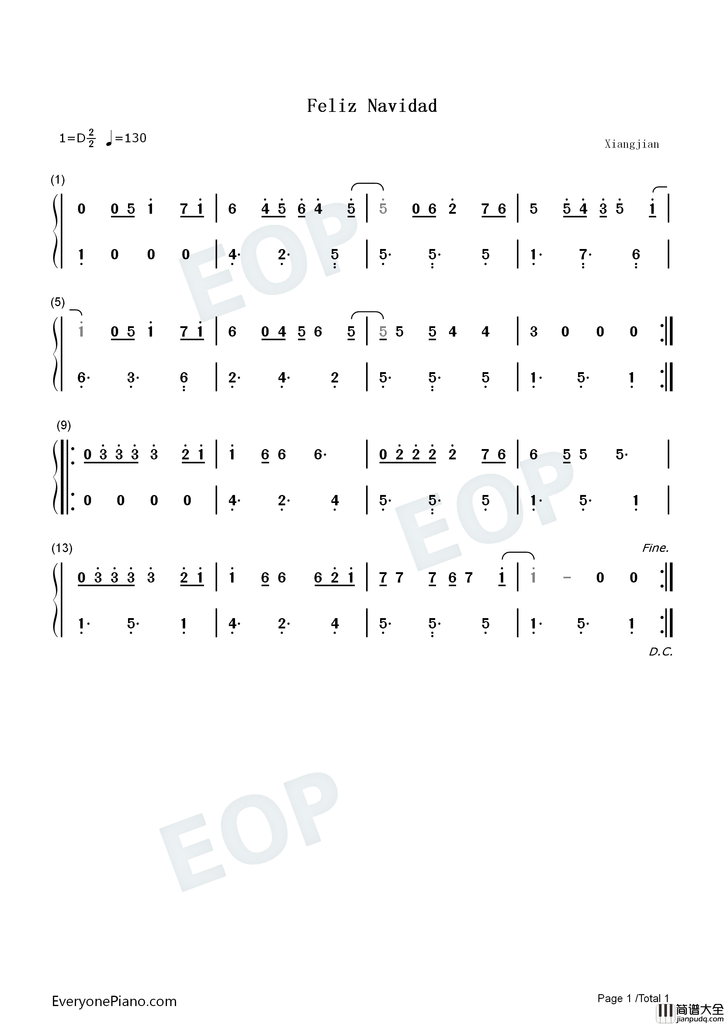 Feliz_Navidad钢琴简谱_José_Feliciano演唱