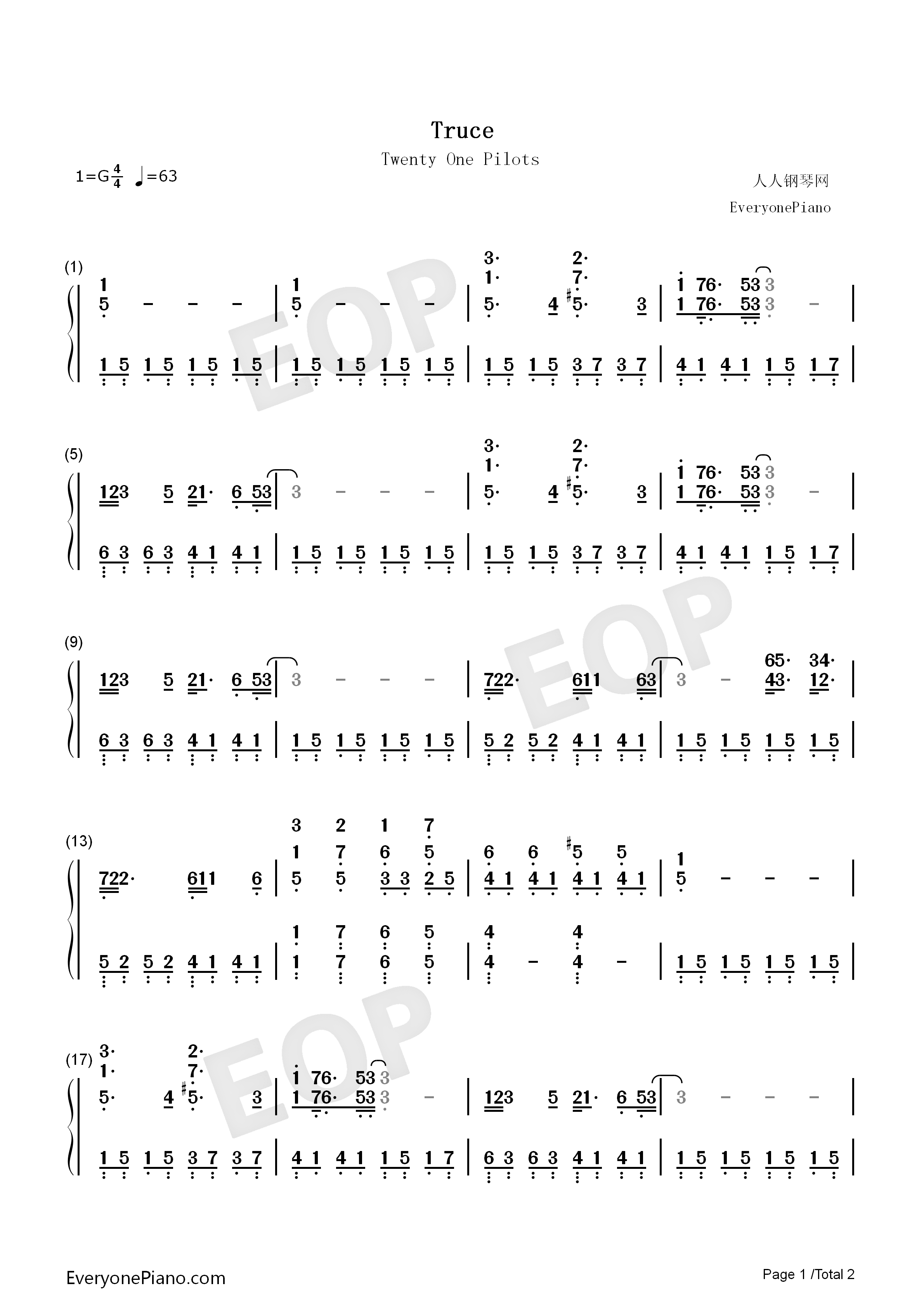Truce钢琴简谱_Twenty_One_Pilots演唱