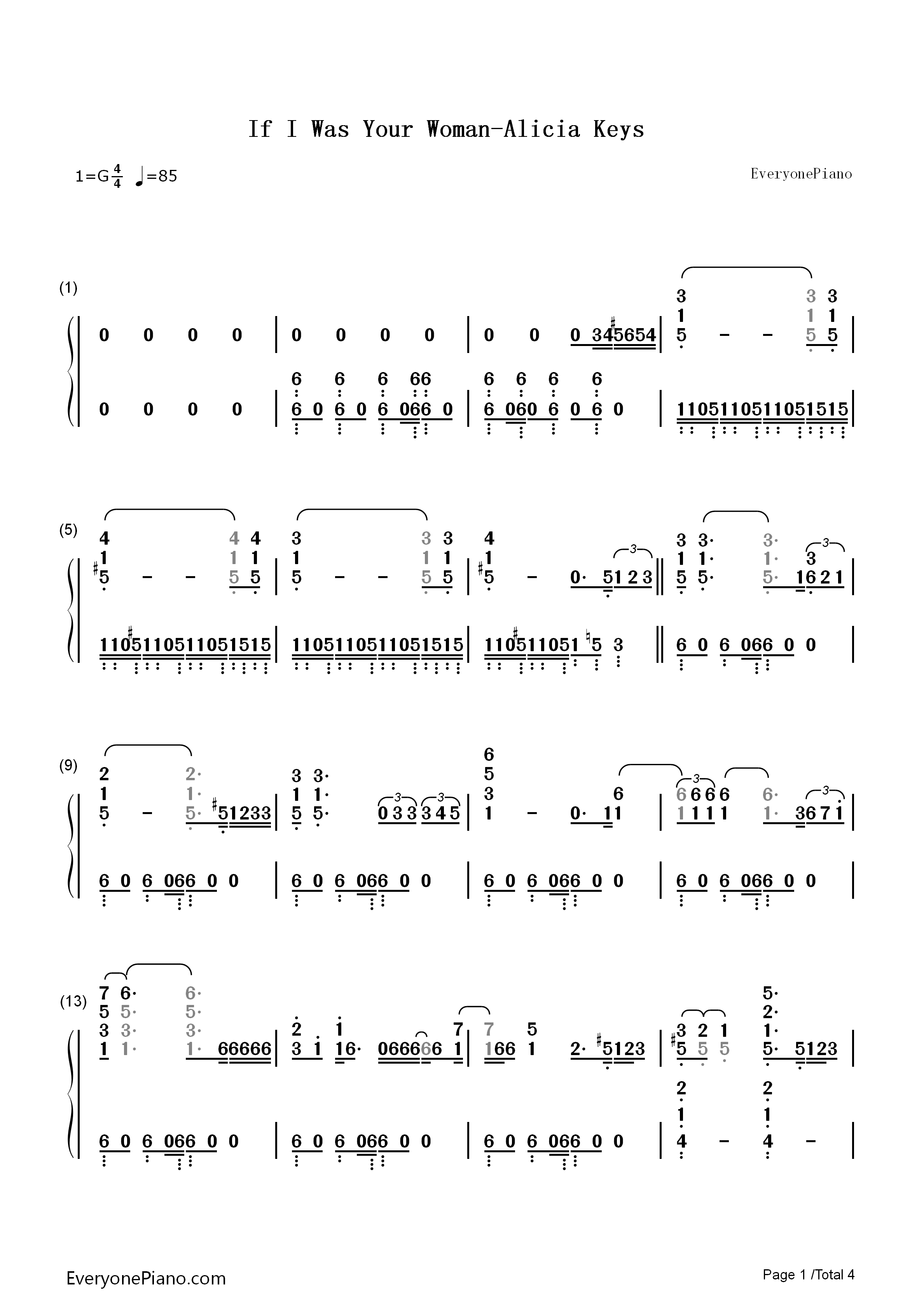 If_I_Was_Your_Woman/Walk_On_By钢琴简谱_Alicia_Keys演唱