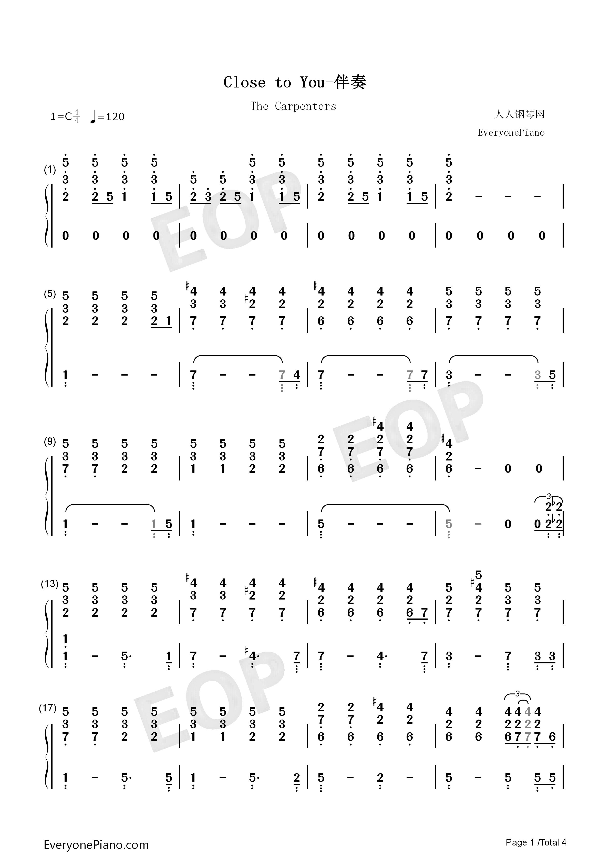 Close_to_You钢琴伴奏版钢琴简谱_卡朋特__The_Carpenters演唱