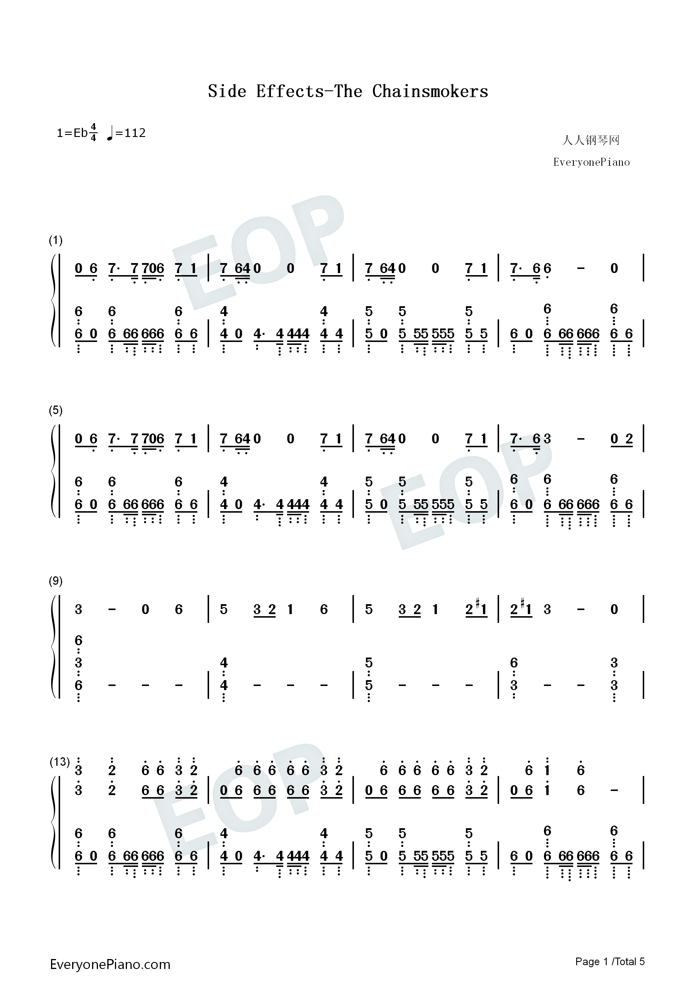 Side_Effects钢琴简谱_The_Chainsmokers_Emily_Warren演唱