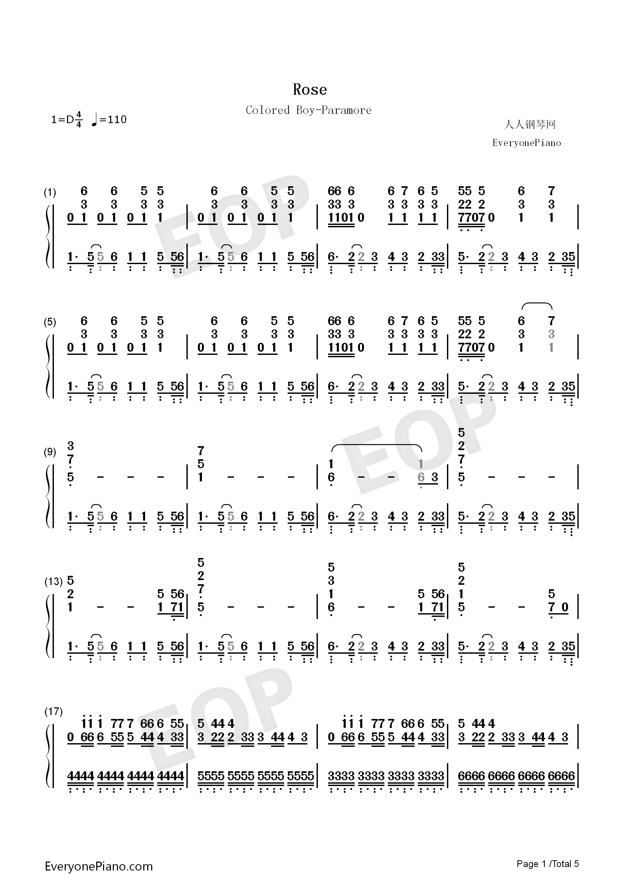 Rose钢琴简谱_Paramore演唱
