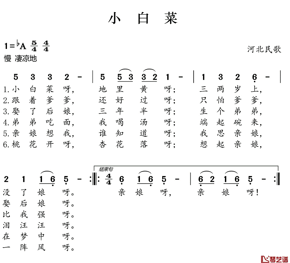 小白菜简谱(歌词)_单秀荣演唱_谱友好心情999上传