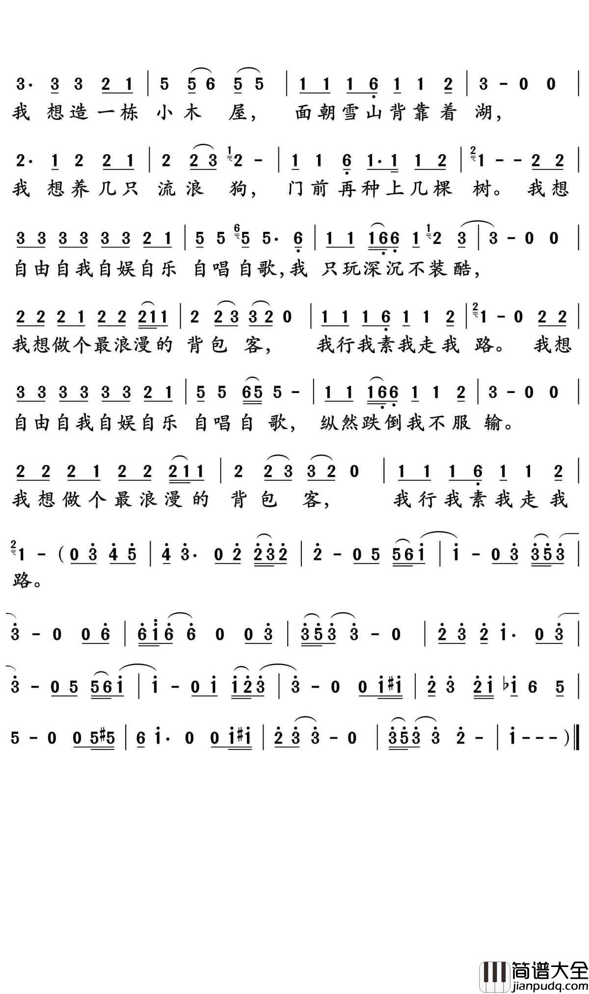 背包客简谱_大冰演唱_孙世彦曲谱