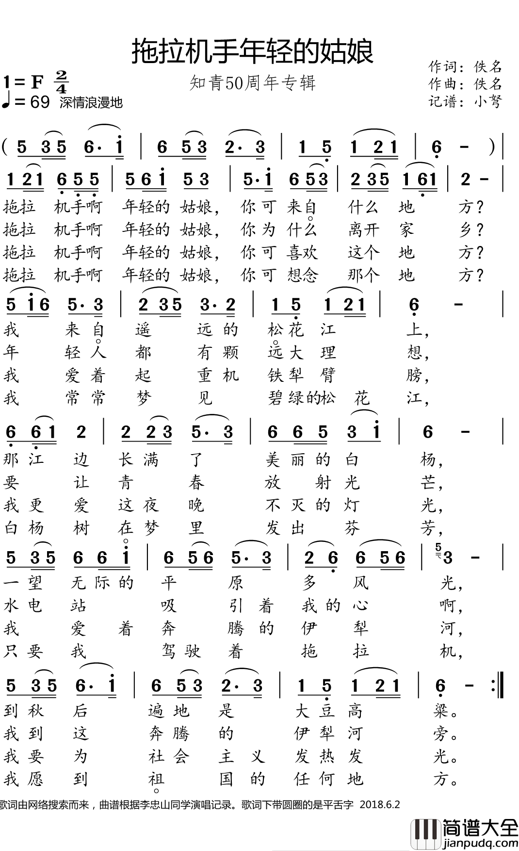 拖拉机手年轻的姑娘简谱(歌词)_小弩演唱_小弩记谱