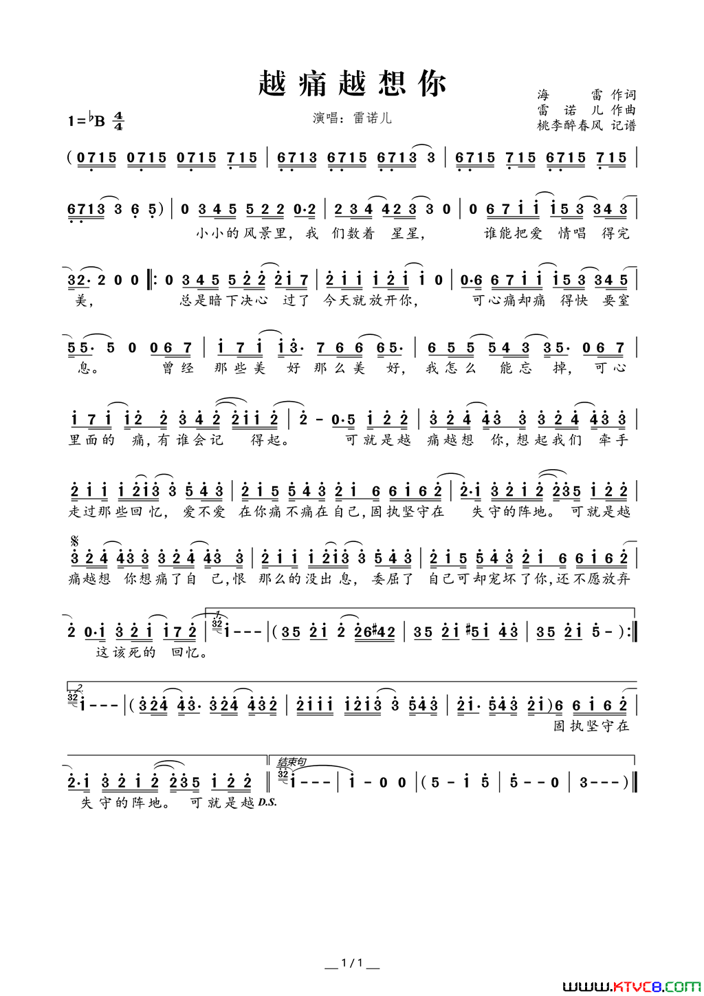 越痛越想你简谱_雷诺儿演唱_海雷/雷诺儿词曲