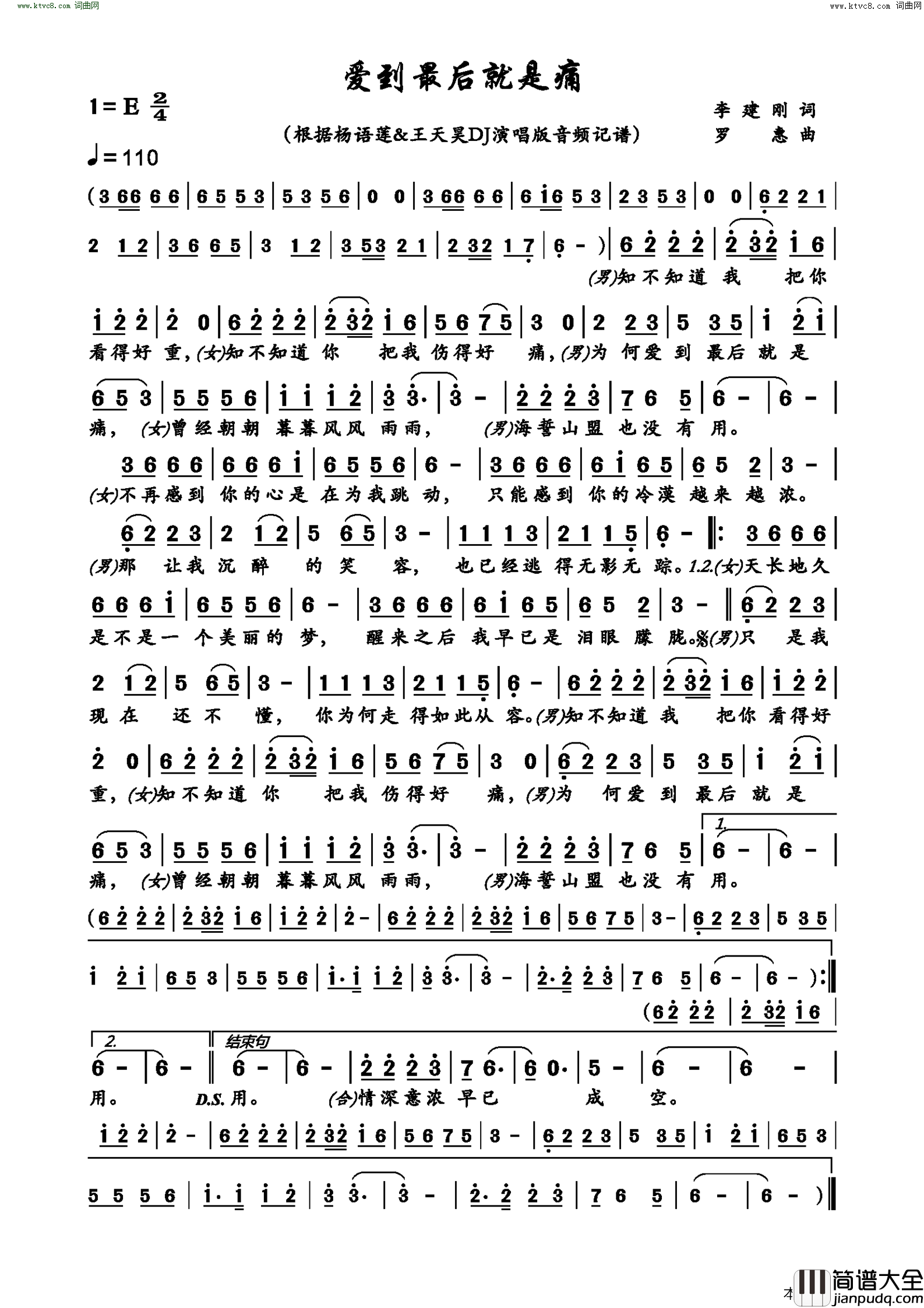 爱到最后就是痛简谱_杨语莲演唱_李建刚/罗惠词曲