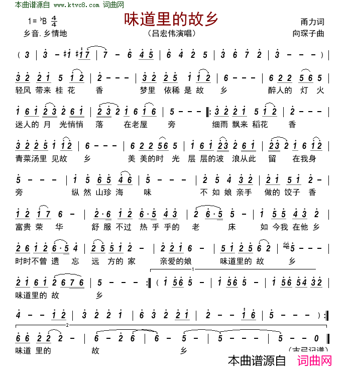 味道里的故乡简谱_吕宏伟演唱_甬力、蒋勇/向琛子词曲