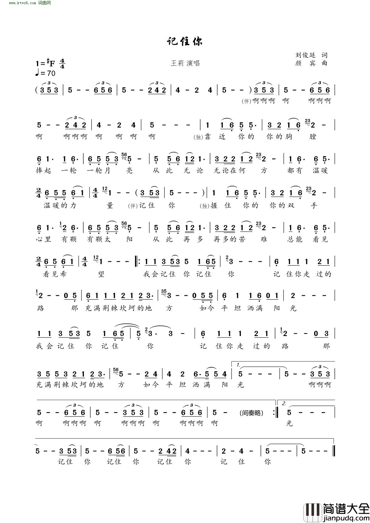 记住你简谱_王莉演唱_刘俊廷/颜宾词曲