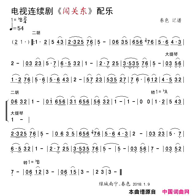 电视剧_闯关东_配乐简谱