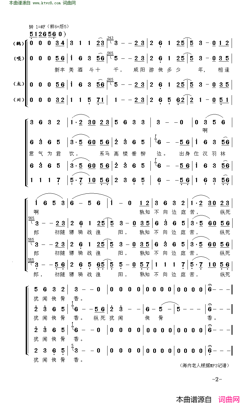 少年行简谱_高天鹤演唱_王维、阿布/徐乐同、柒玖词曲