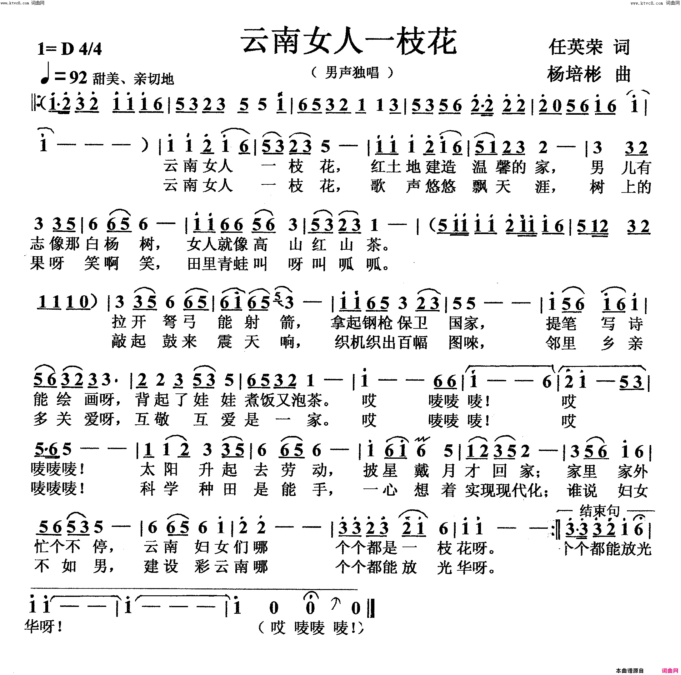 云南女人一枝花男声独唱简谱