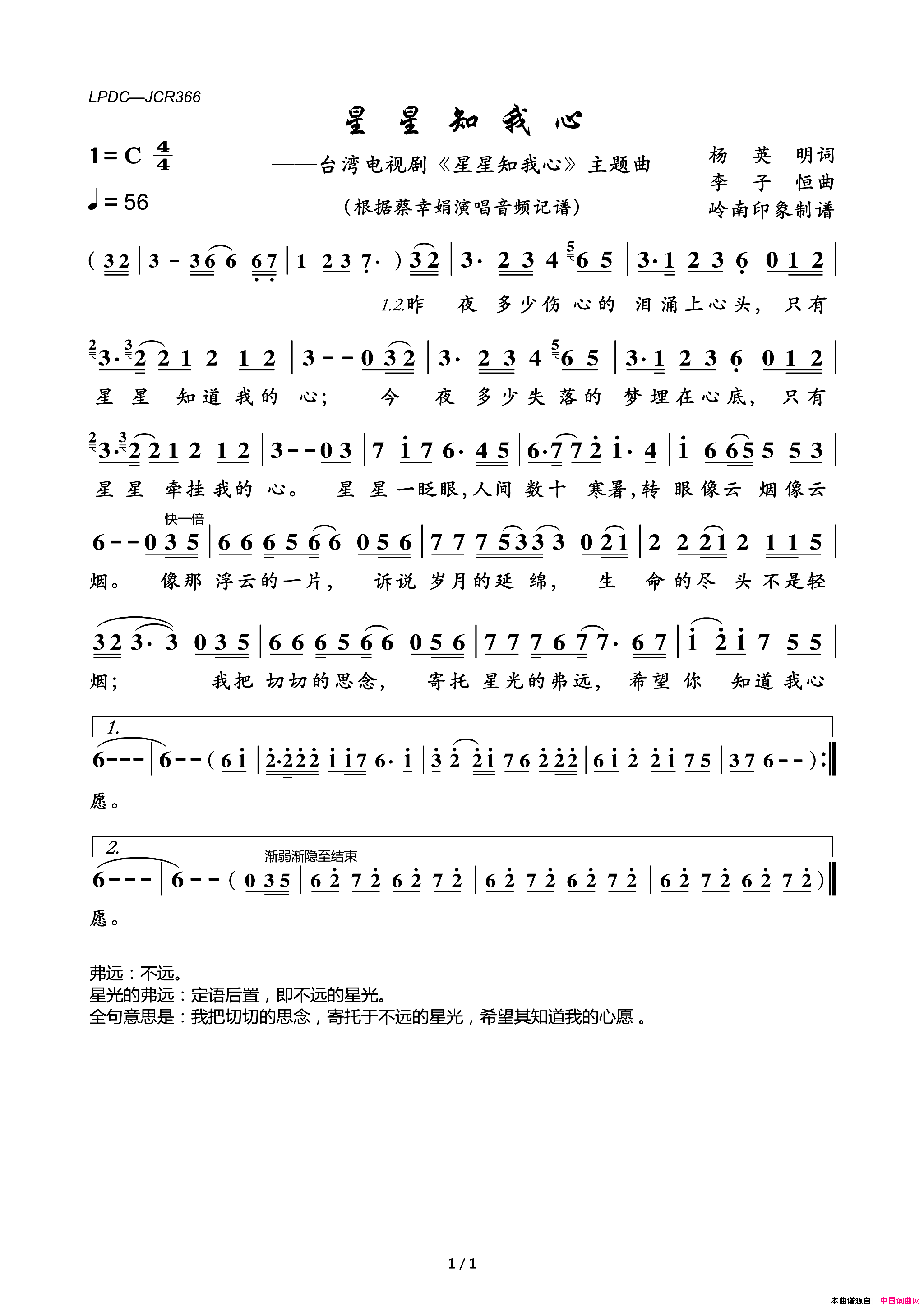 星星知我心台湾电视剧_星星知我心_主题曲简谱_蔡幸娟演唱_杨英明/李子恒词曲