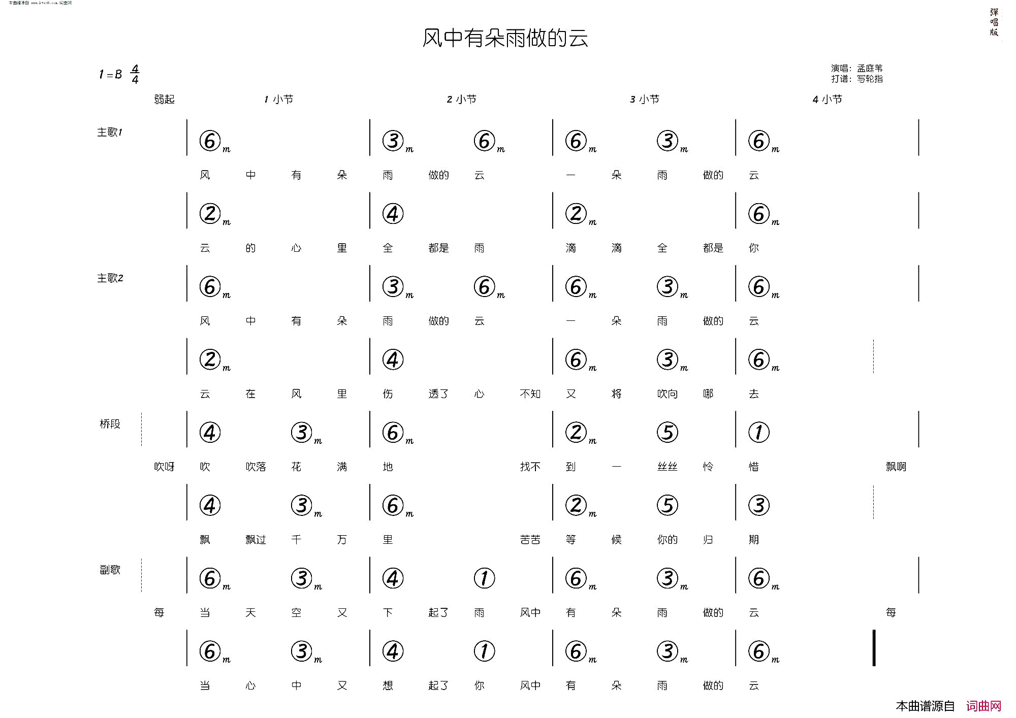 风中有朵雨做的云简和谱简谱_孟庭苇演唱_李安修/陈耀川词曲