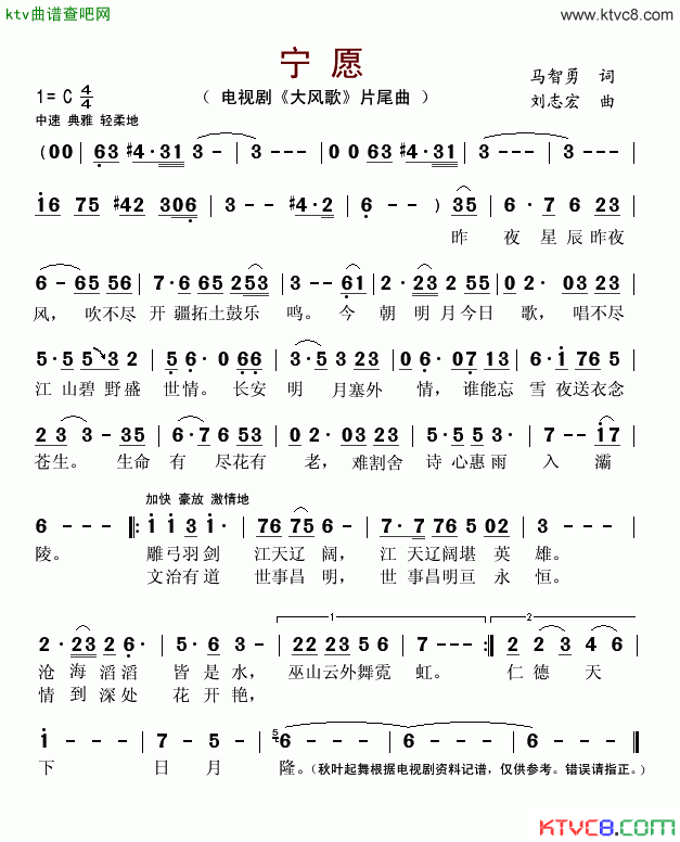 宁愿电视剧_大风歌_片尾曲简谱