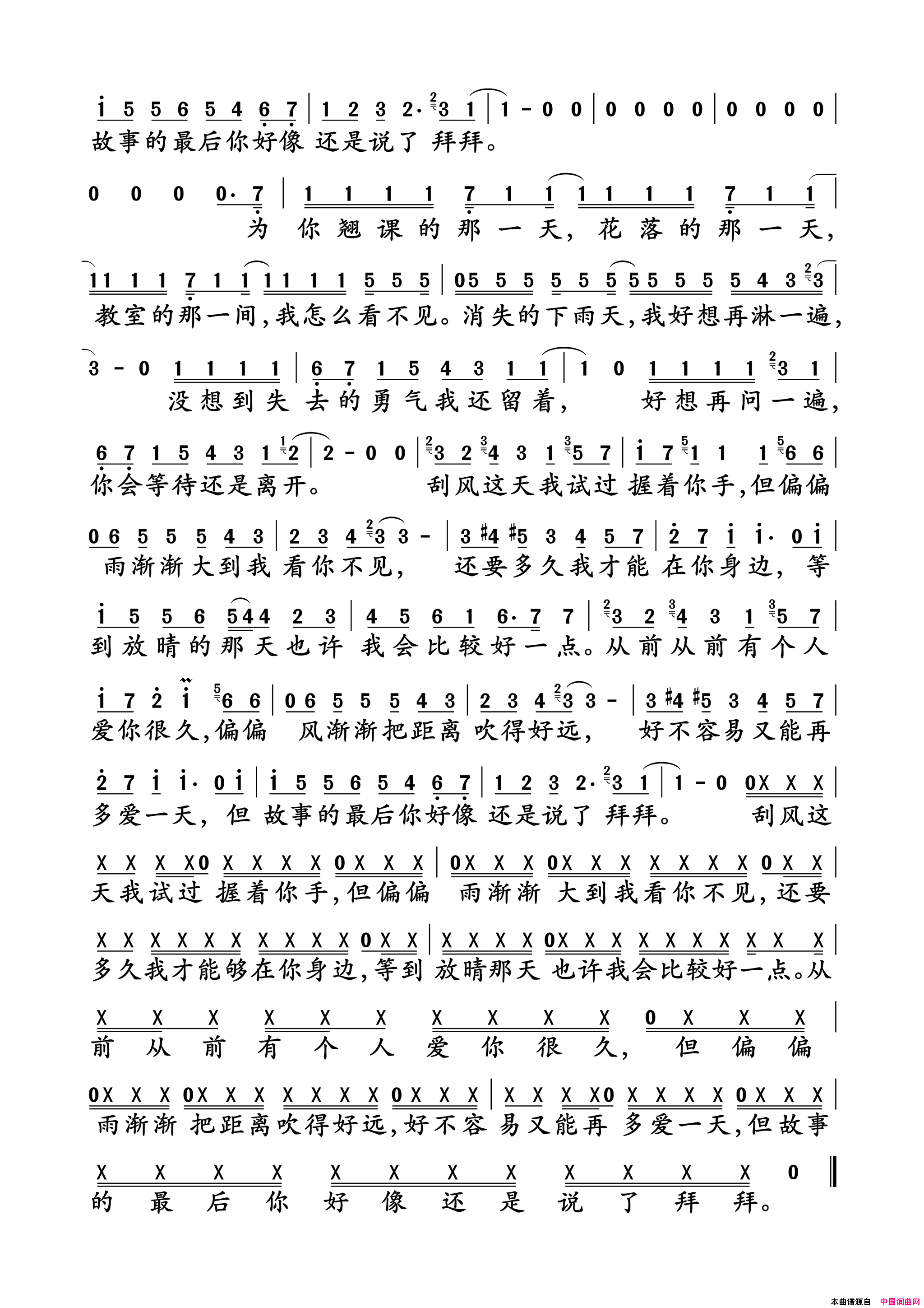 晴天简谱_周杰伦演唱_周杰伦/周杰伦词曲