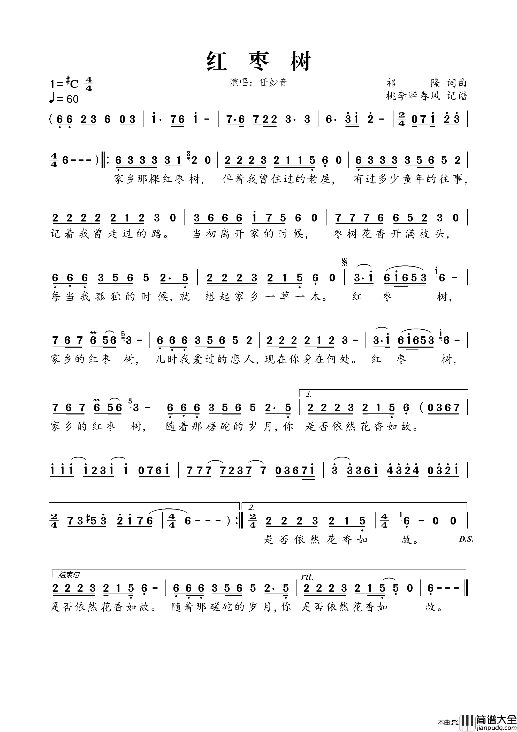 红枣树简谱_任妙音演唱_祁隆/祁隆词曲