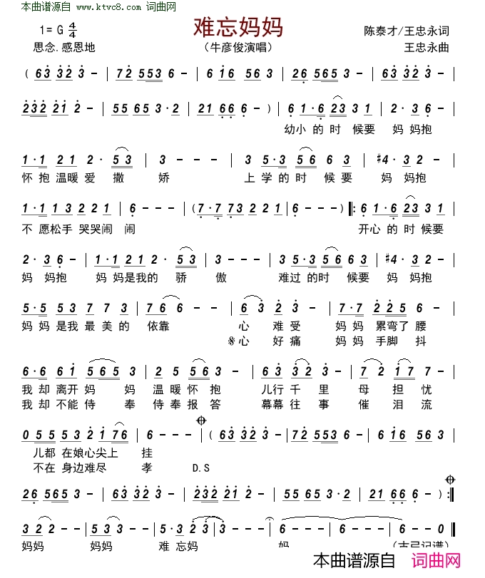 难忘妈妈简谱_牛彦俊演唱_陈泰才、王忠永/王忠永词曲