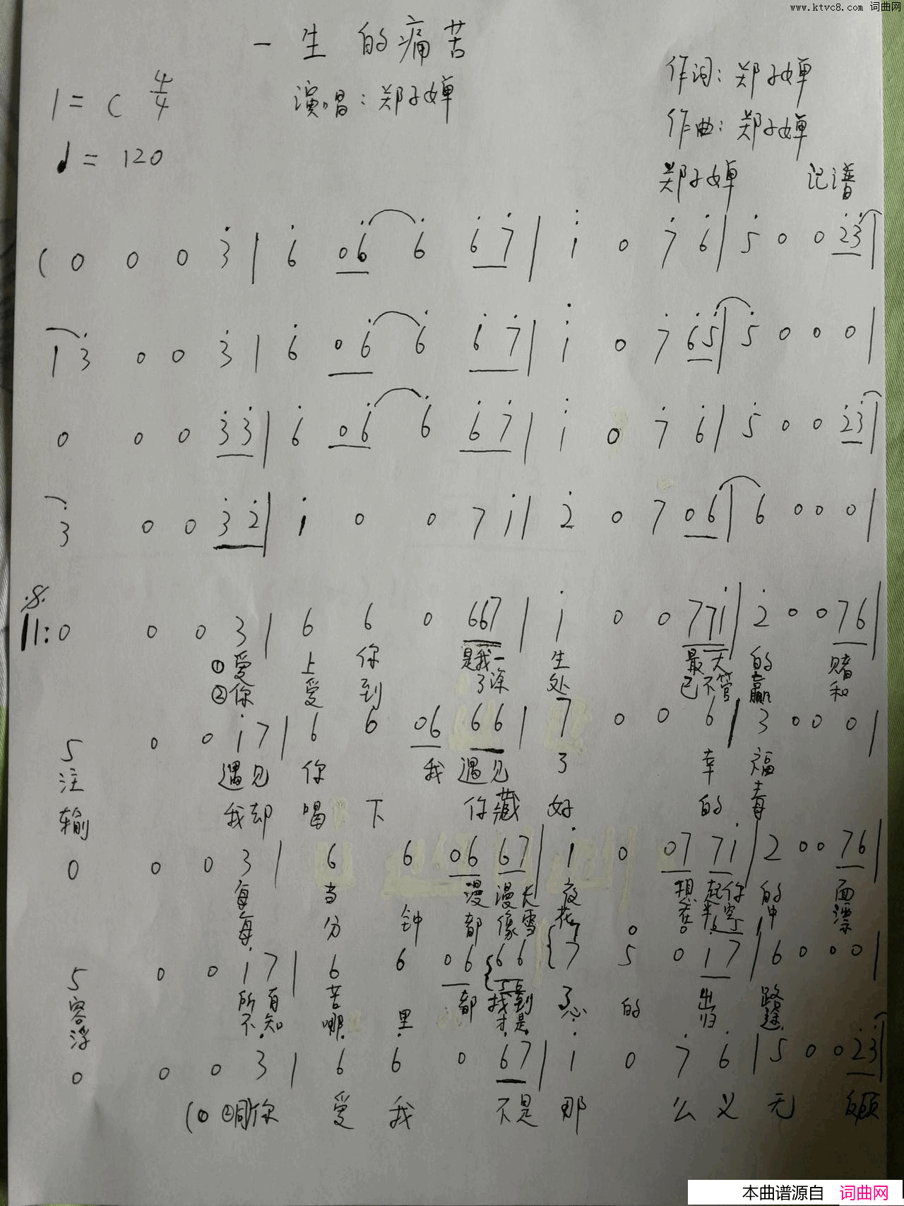 一生的痛苦子婵原创伤感流行简谱_郑子婵演唱_郑子婵/郑子婵词曲