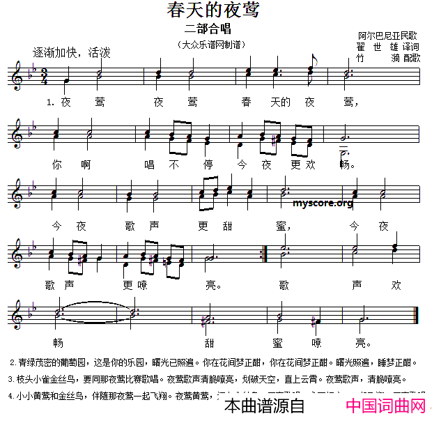 [阿尔巴尼亚]春天的夜莺二声部、五线谱简谱
