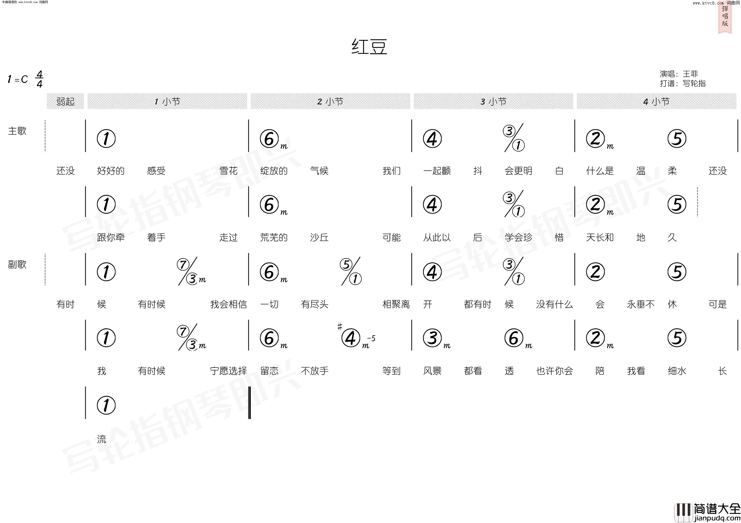 红豆简和谱简谱_王菲演唱_林夕/柳重言词曲