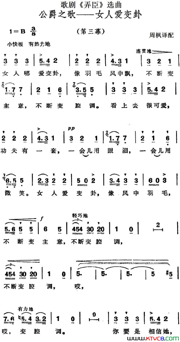 歌剧_弄臣_选曲：公爵之歌——女人爱变卦第三幕简谱