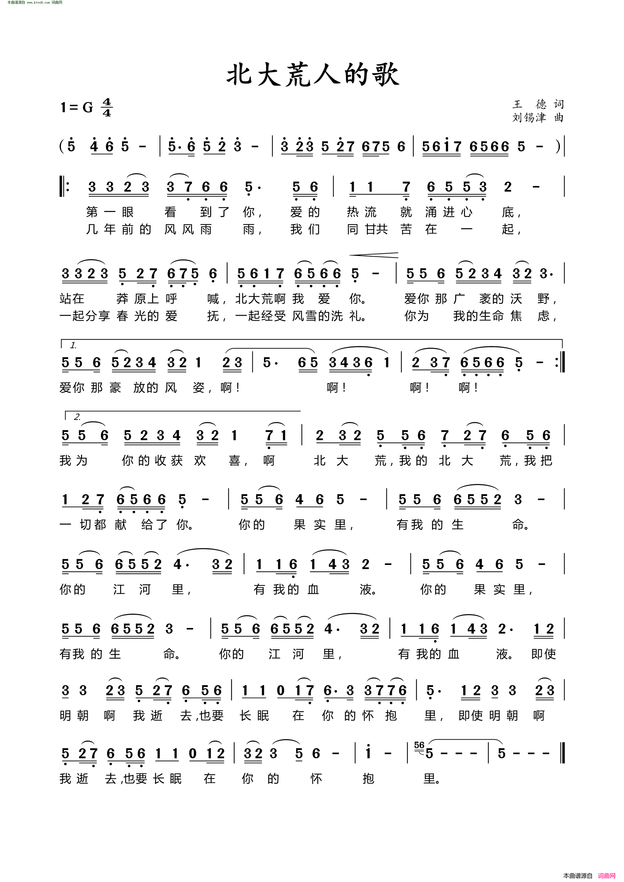 北大荒人的歌简谱_侯旭演唱_王德/刘锡津词曲