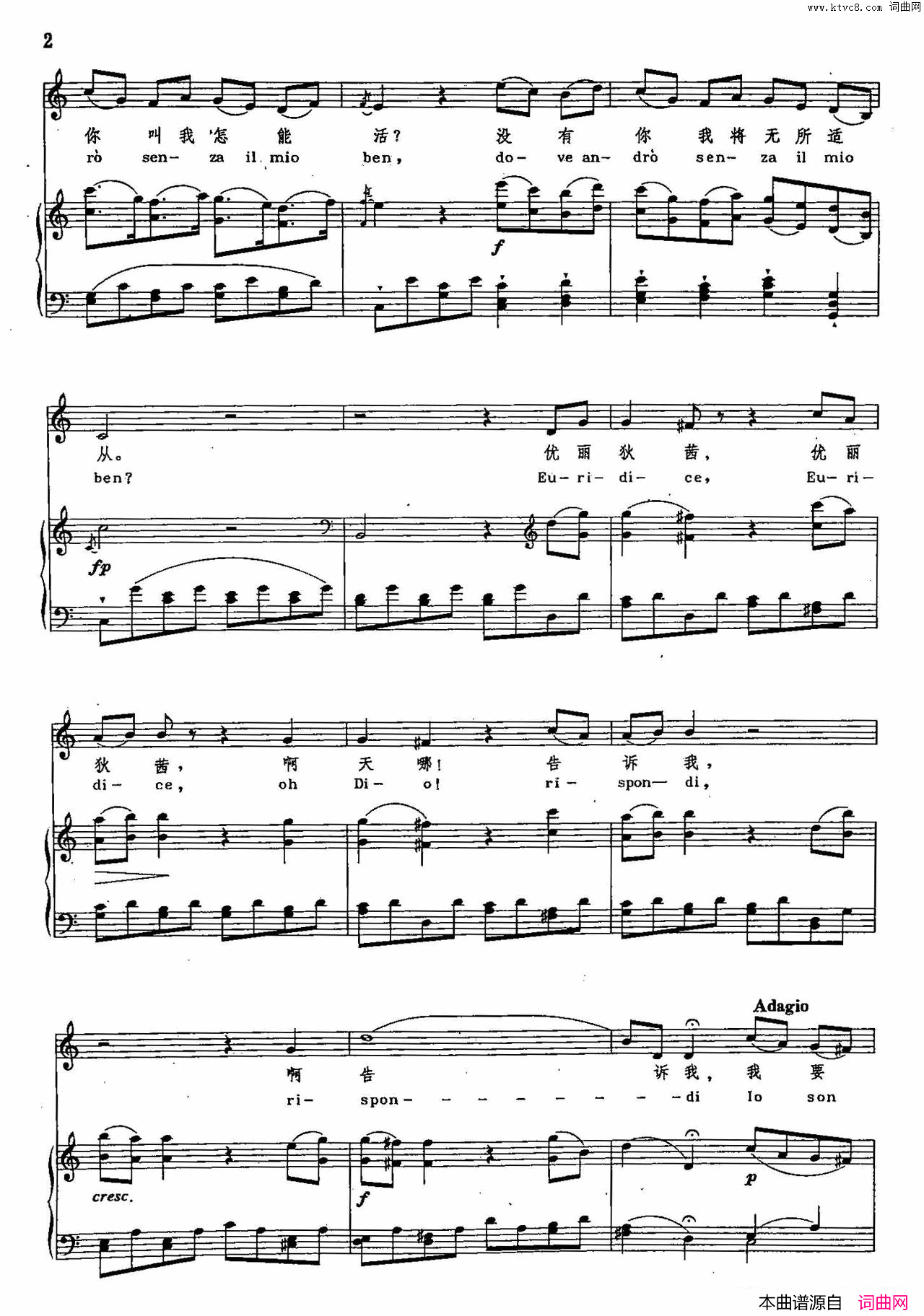 世上没有尤丽迪茜我怎能活声乐教学曲库2_1【德】正谱_选自歌剧_奥菲欧_简谱