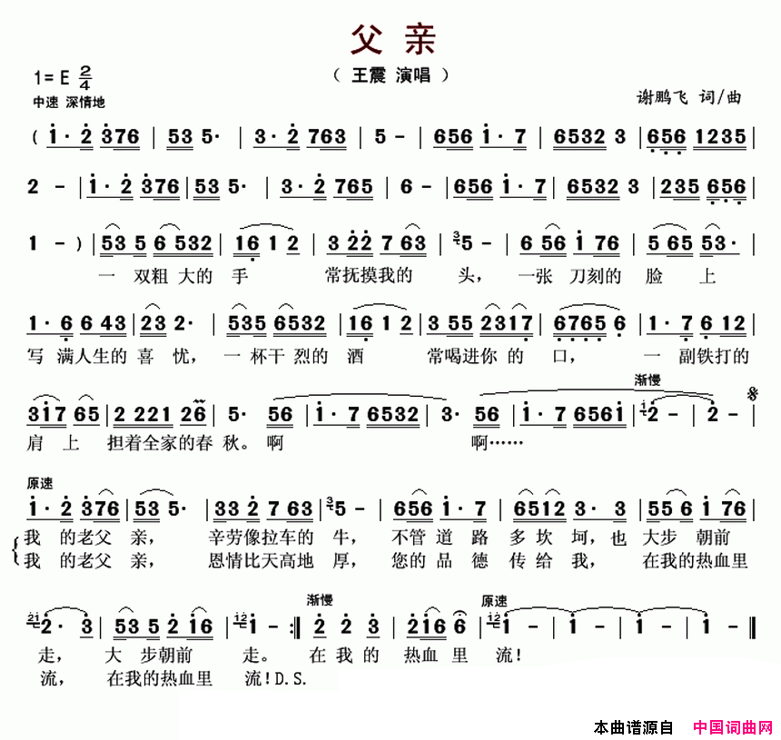 父亲简谱_王震演唱_谢鹏飞/谢鹏飞词曲